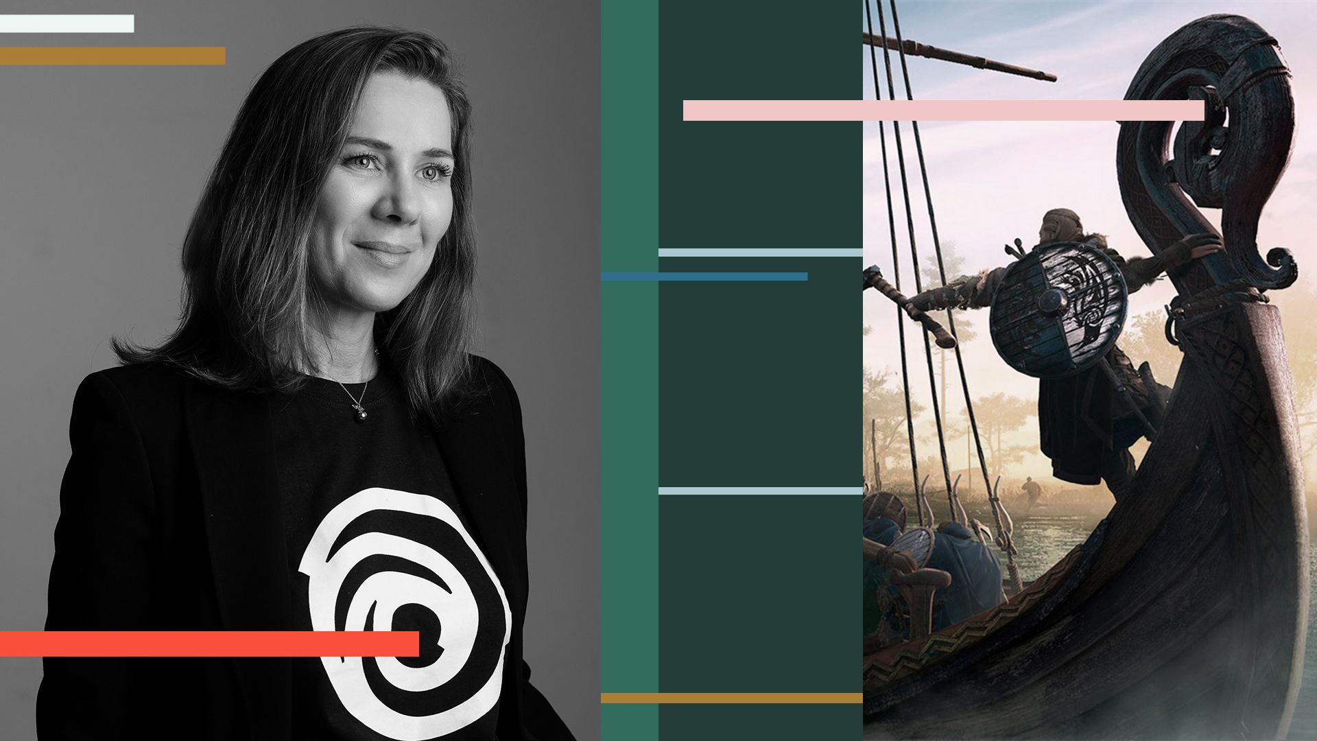 A photo woman in a Ubisoft logo shirt and a video game screenshot of a viking on a boat