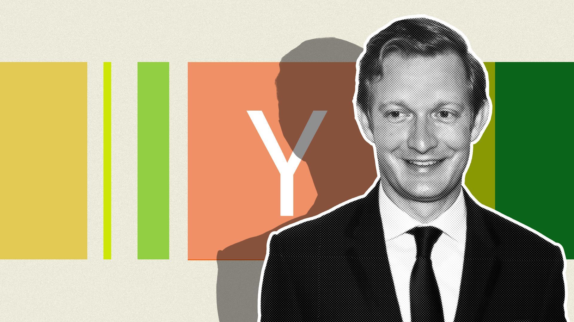 Photo illustration of Luther Lowe on a background featuring the Y Combinator logo and various square shapes
