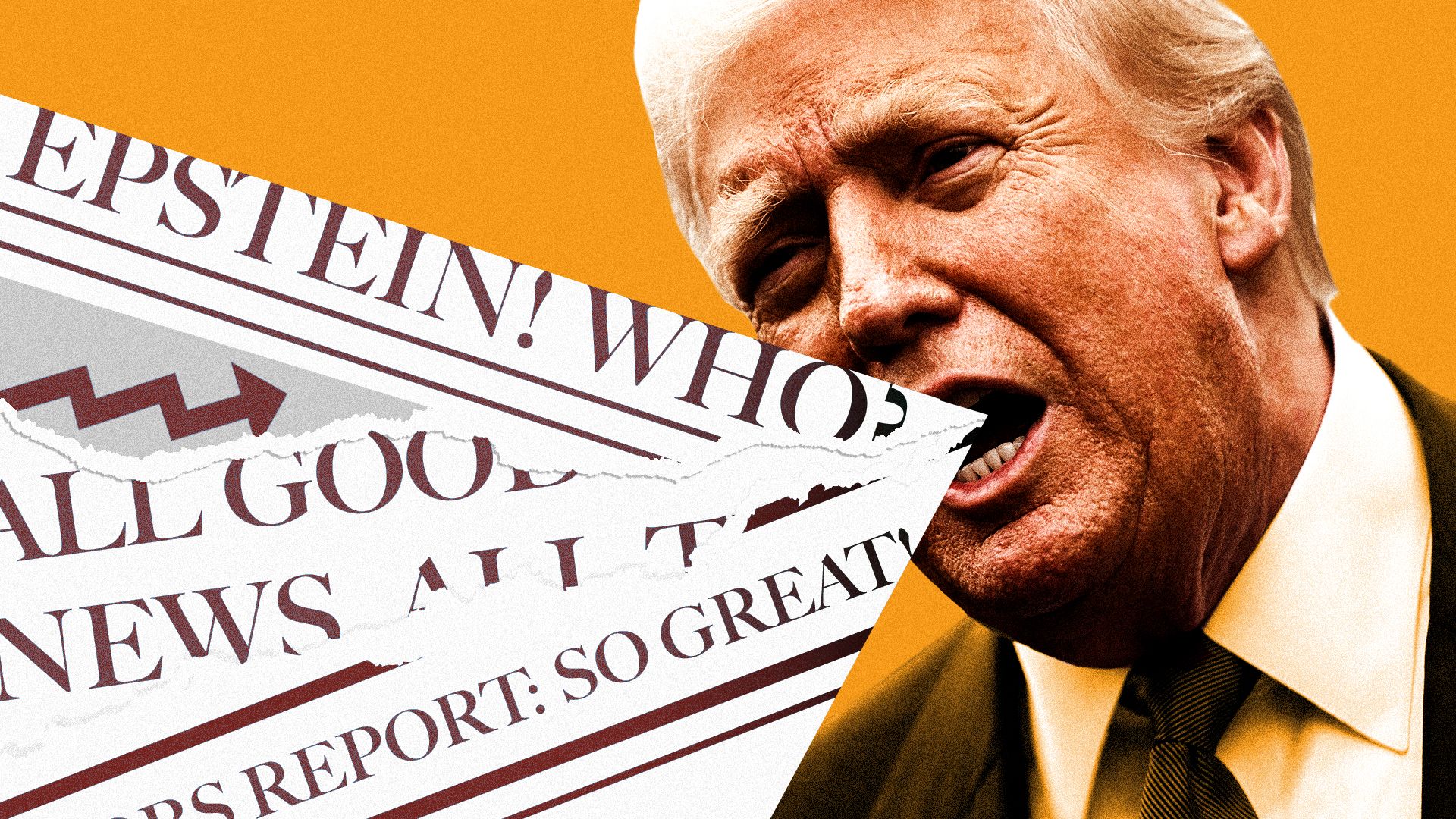 Photo illustration of Donald Trump with newspaper headlines coming out of his mouth.