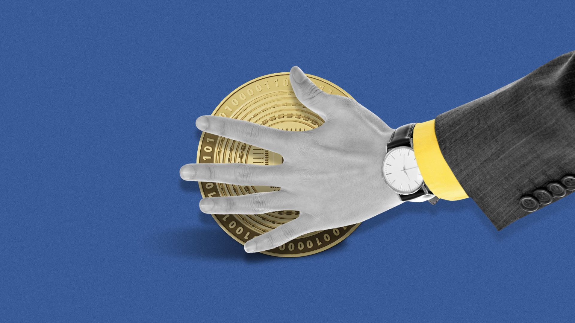 Illustration of a hand covering cryptocurrency