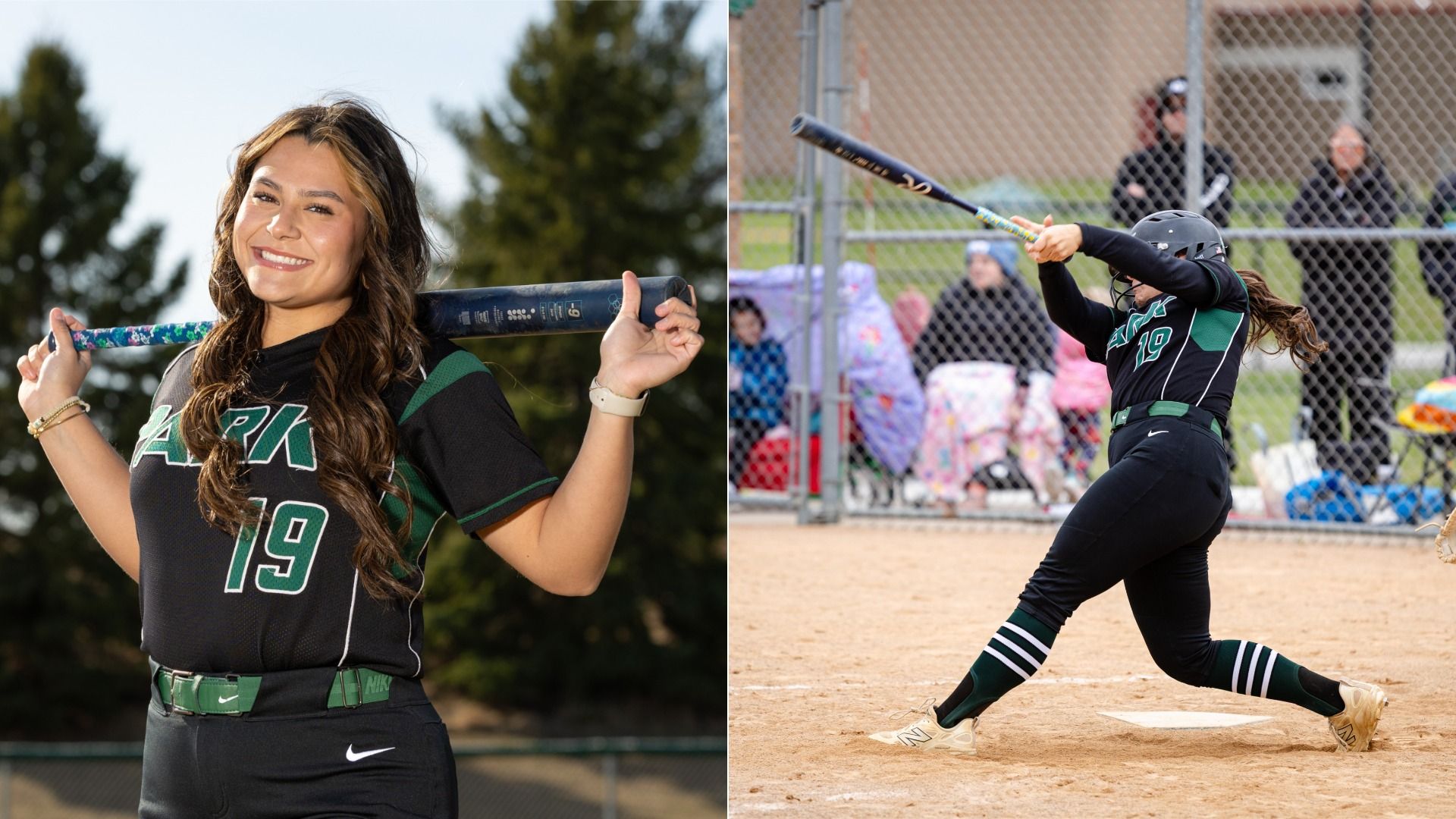 Two photos side by side: left shows a smiling softball player in a black-and-green #19 uniform holding a bat over her shoulders; right shows a helmeted player swinging at a pitch on a dirt field behind a chain-link fence.