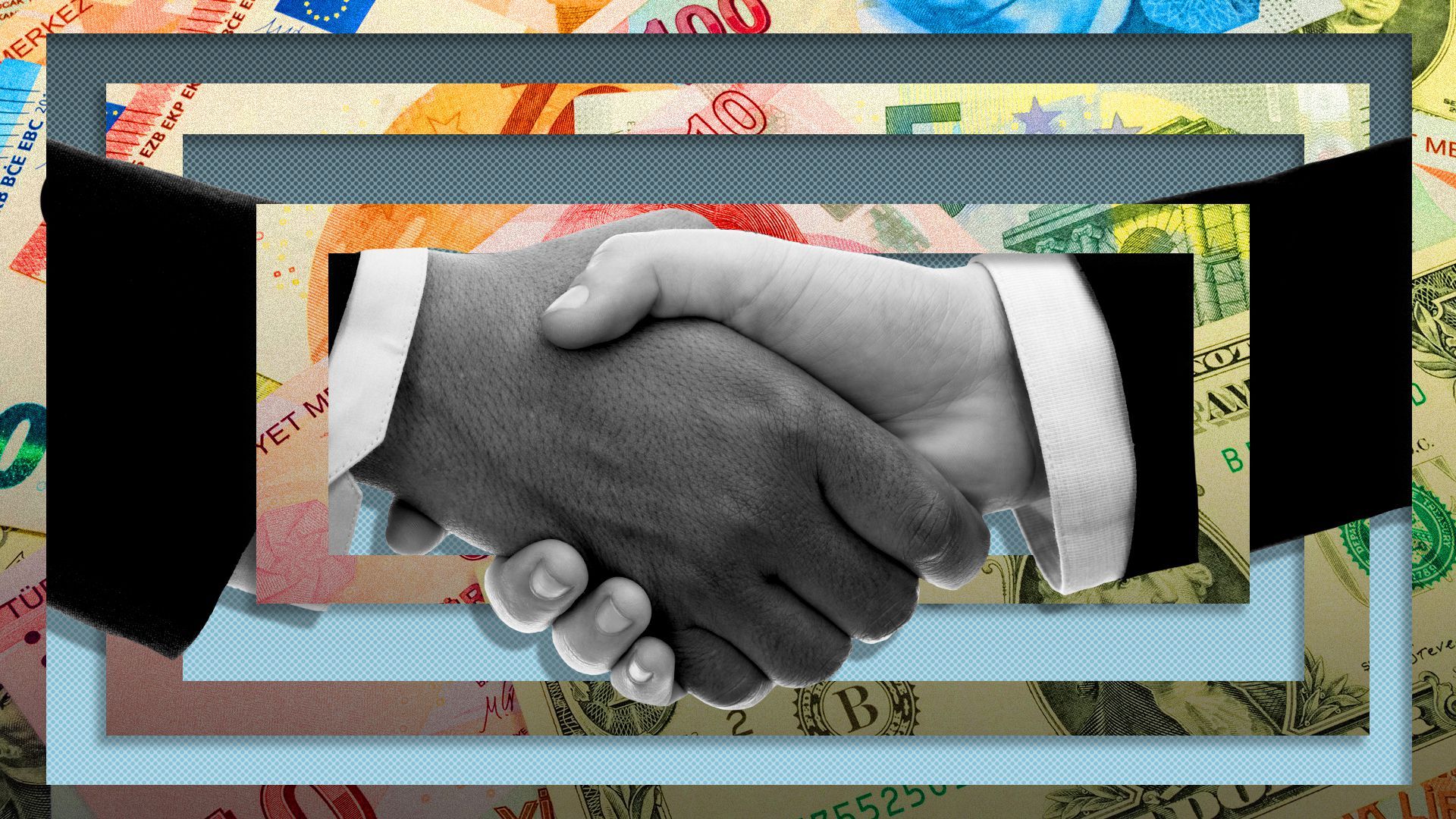 Illustrated collage of a handshake surrounded by rectangles made from international currency.