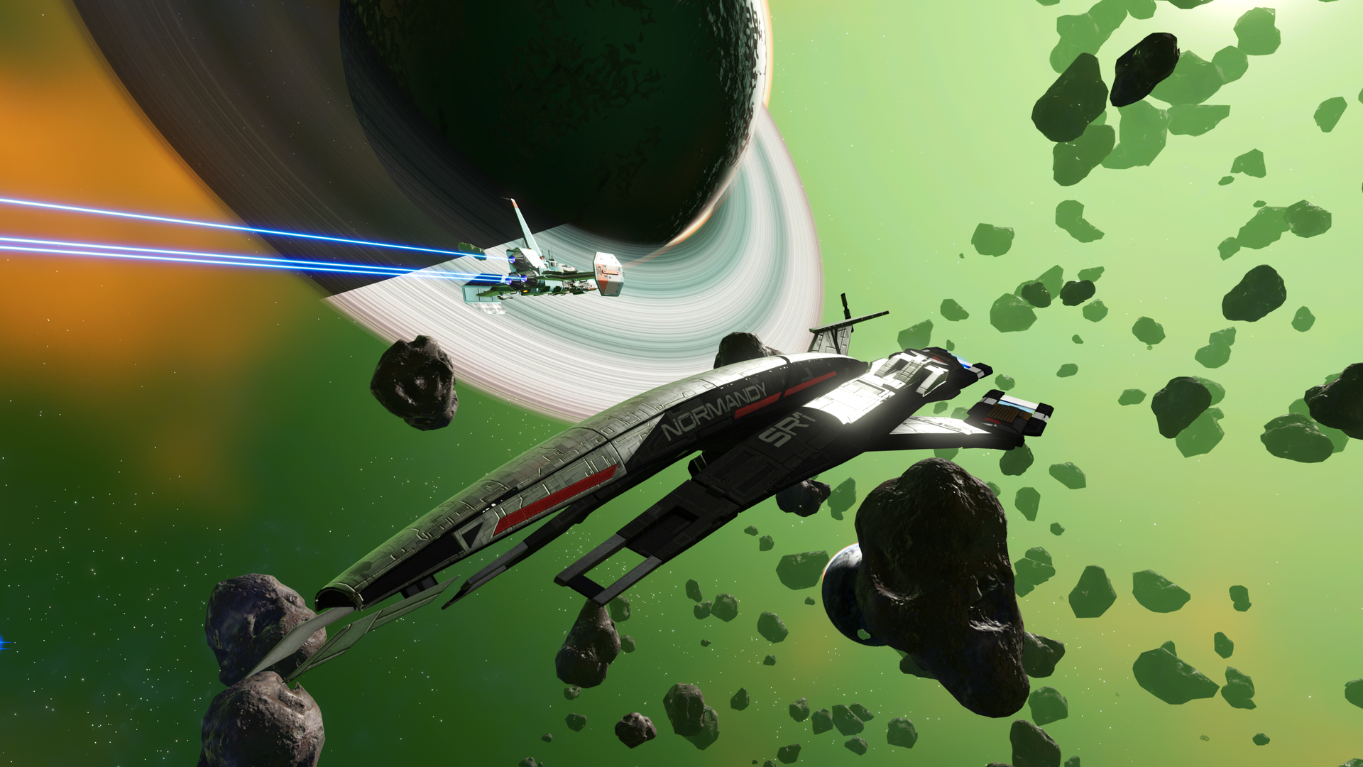 An image of Mass Effect's iconic spaceship in No Man's Sky