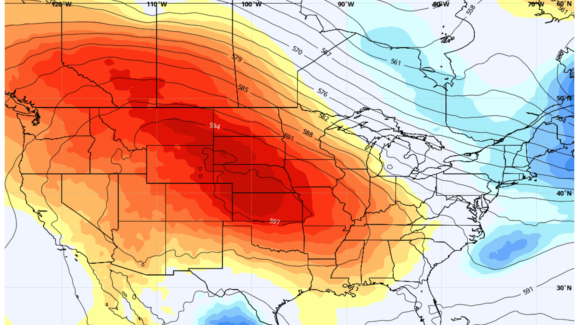 Weather map showing red colors indicating where the hottest weather will be in late July 2021 across the U.S.