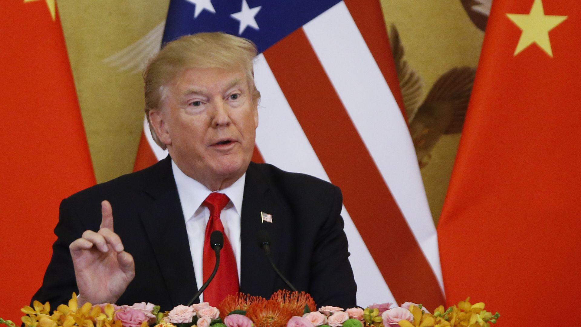 President Donald Trump and China's President Xi Jinping (not shown) make a joint statement at the Great Hall of the People on November 9, 2017 in Beijing, China.