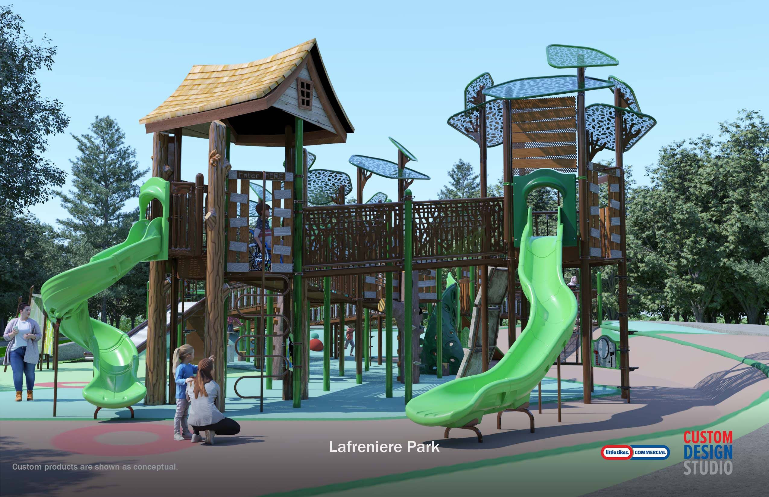 Photo shows slides at a playground.