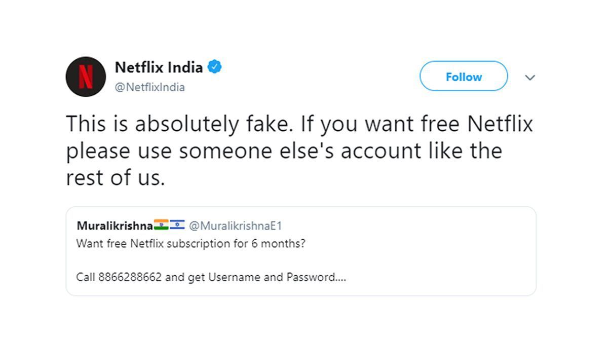 A screenshot of a tweet from Netflix India suggesting password sharing as an alternative to a scam promising free Netflix