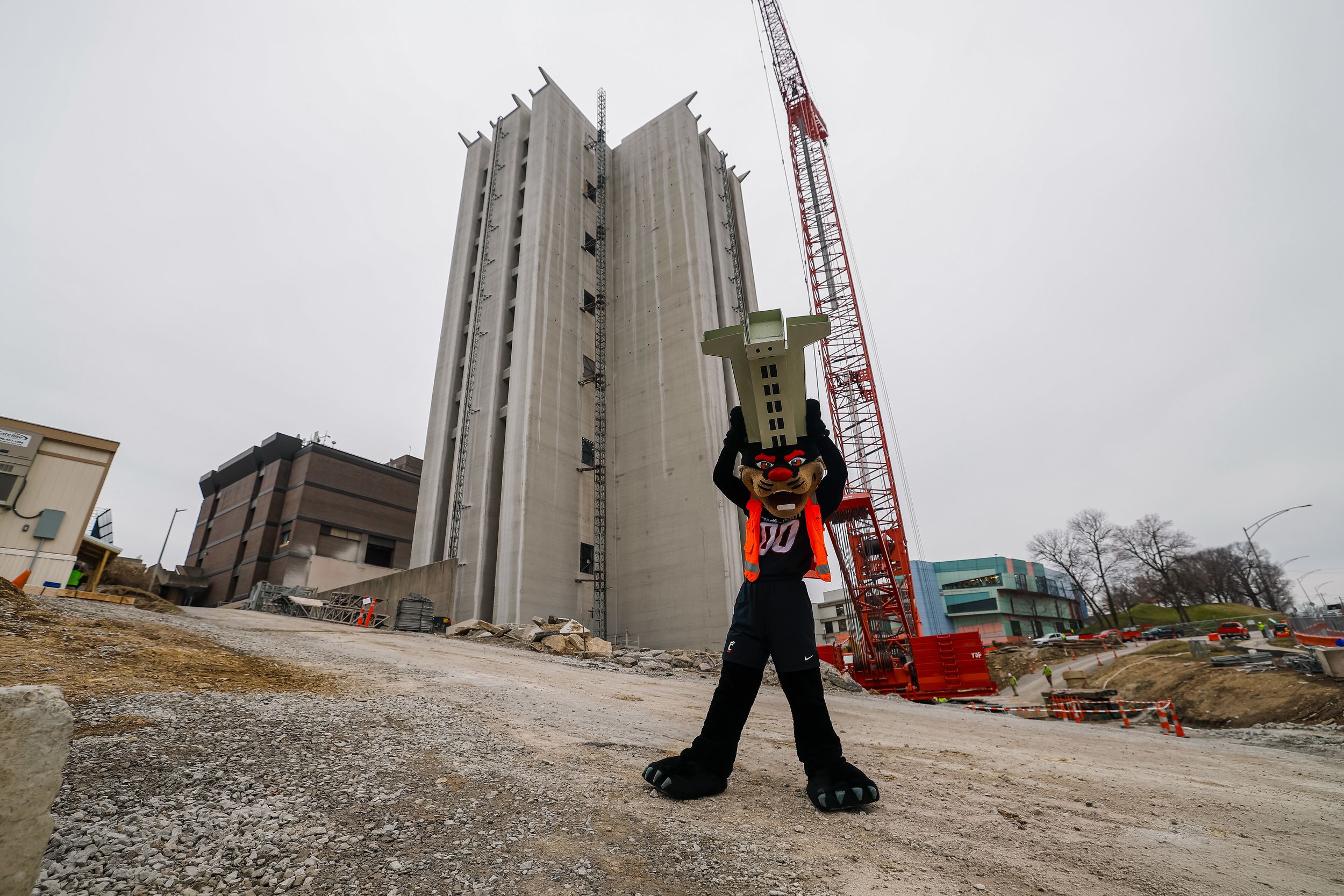 The Crosley Tower site, with the half deconstructed concrete building and a red crane to the right in the background. The UC Bearcat mascot is in an orange safety vest while lifting a large miniature version of Crosley Tower over its head.