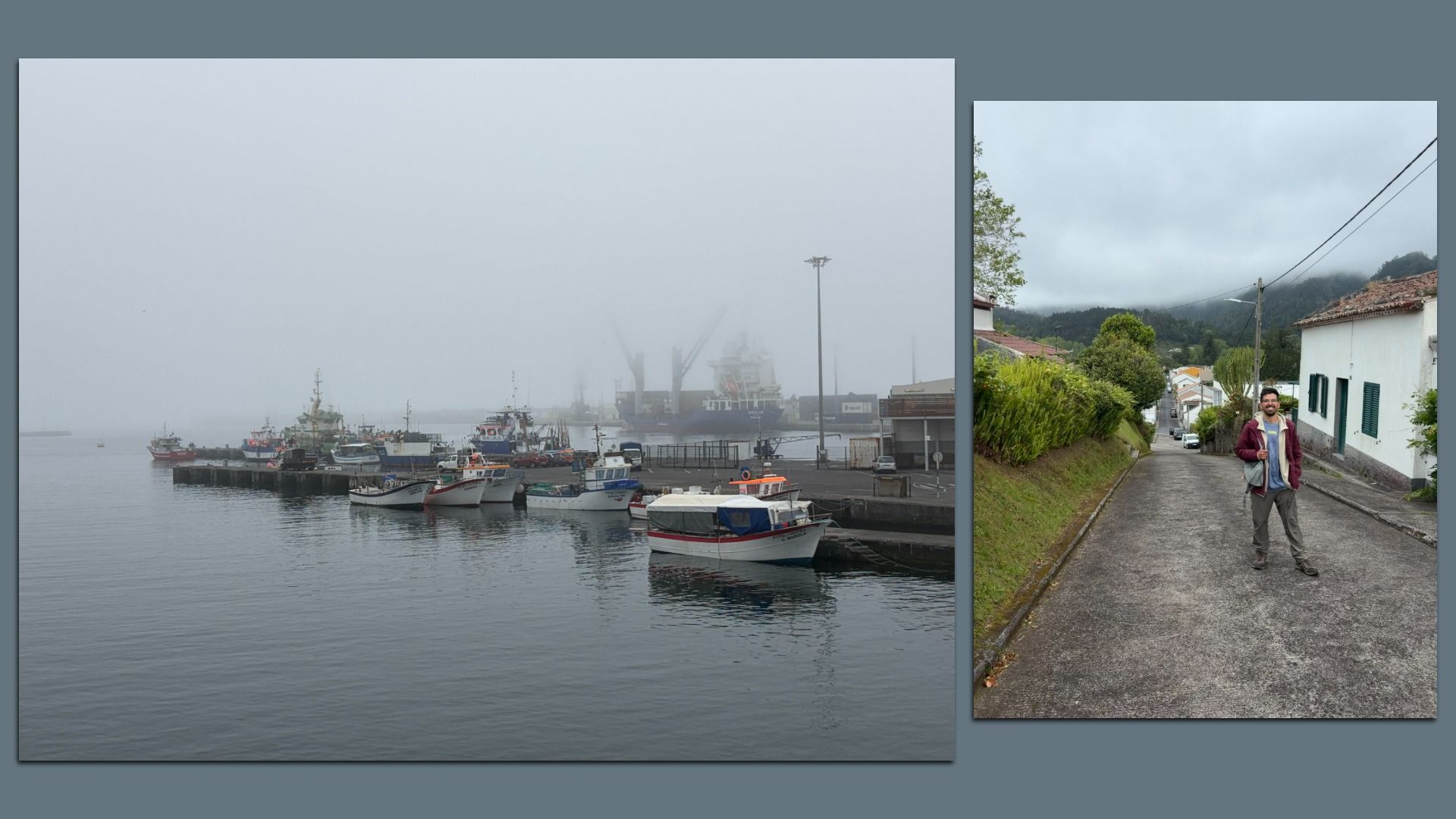 Two-panel collage: left shows a foggy harbor with many boats and cranes; right shows a man in a maroon jacket on a hill village street with white houses, greenery, and cloudy sky.