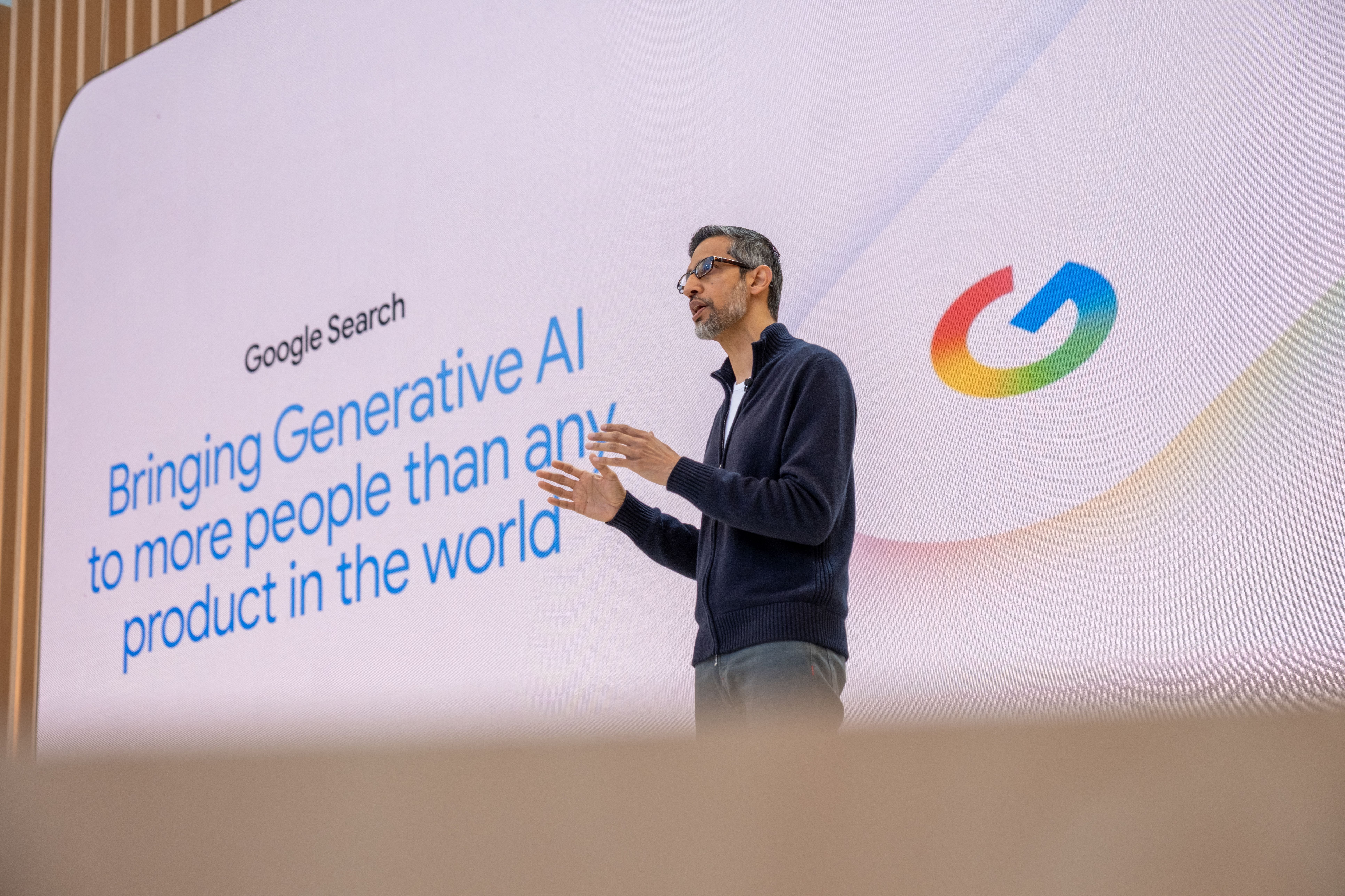 Alphabet CEO Sundar Pichai addresses the crowd during Google's annual I/O developers conference in Mountain View, Calif., last month.