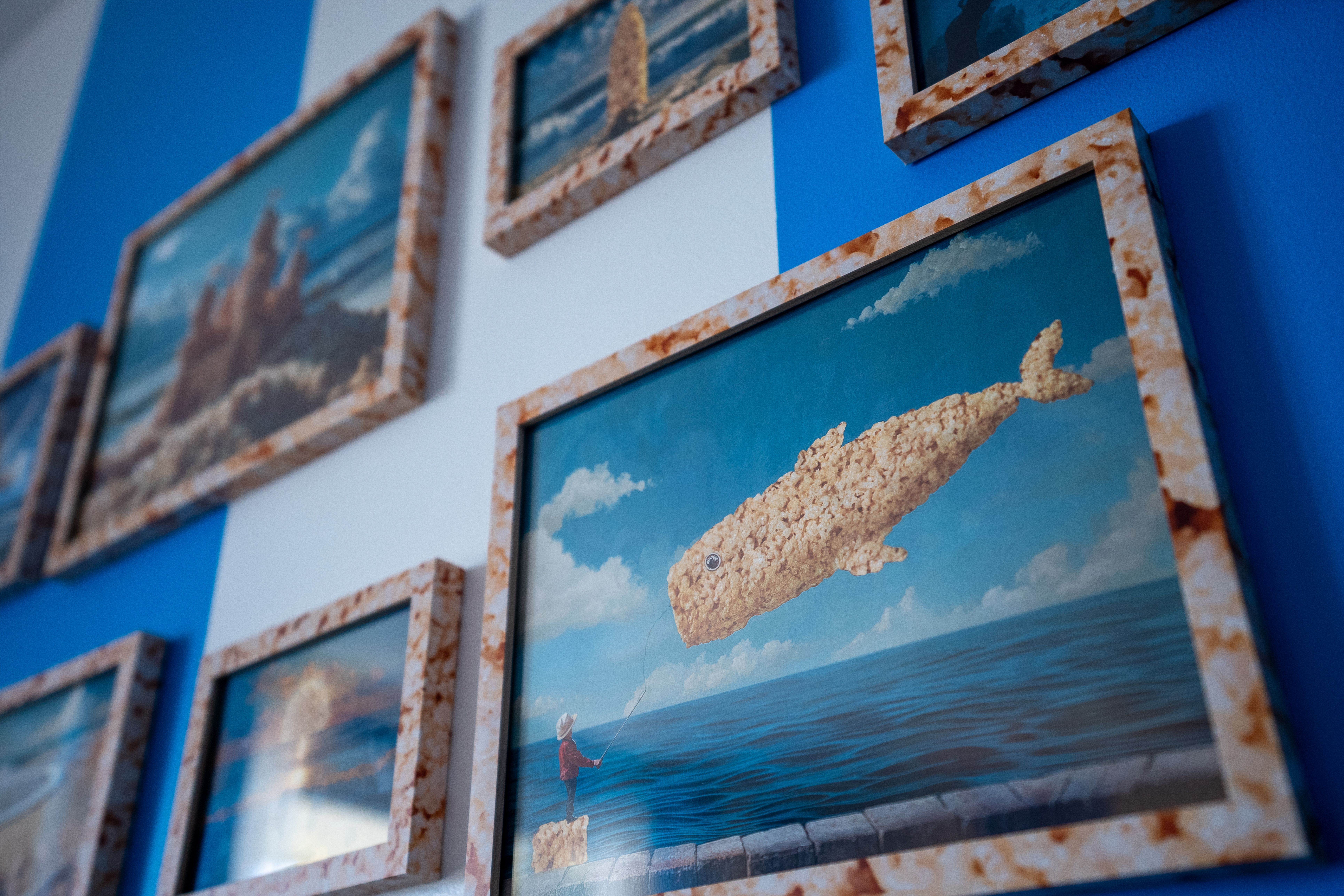 A framed image of a krispies treat whale hangs on the wall of the "Rice Krispies Treats Retreat" suite on Cape Cod.
