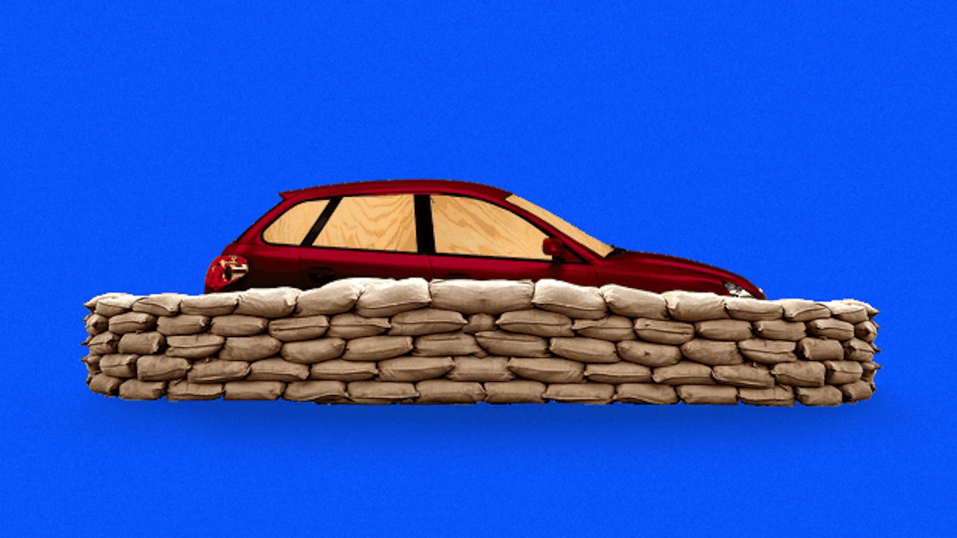 Illustration of a car behind a sandbag barrier.