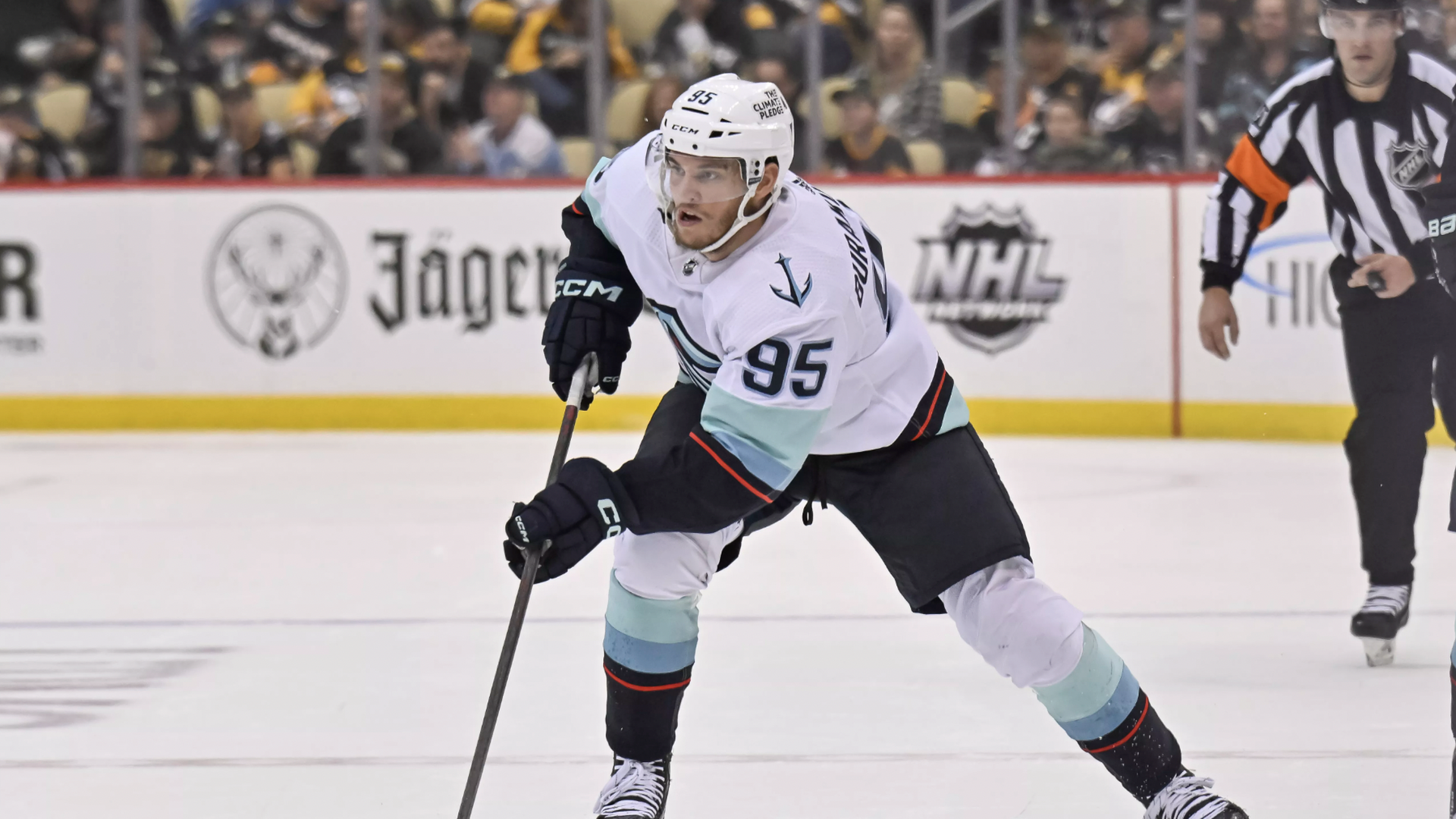 Seattle Kraken left wing Andre Burakovsky skates with the puck during the Nov. 5 game against the Pittsburgh Penguins
