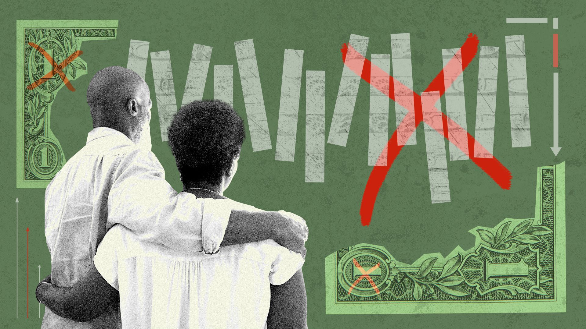 Illustration of a collage of an anonymous couple, dollar bills, X's and abstract shapes.