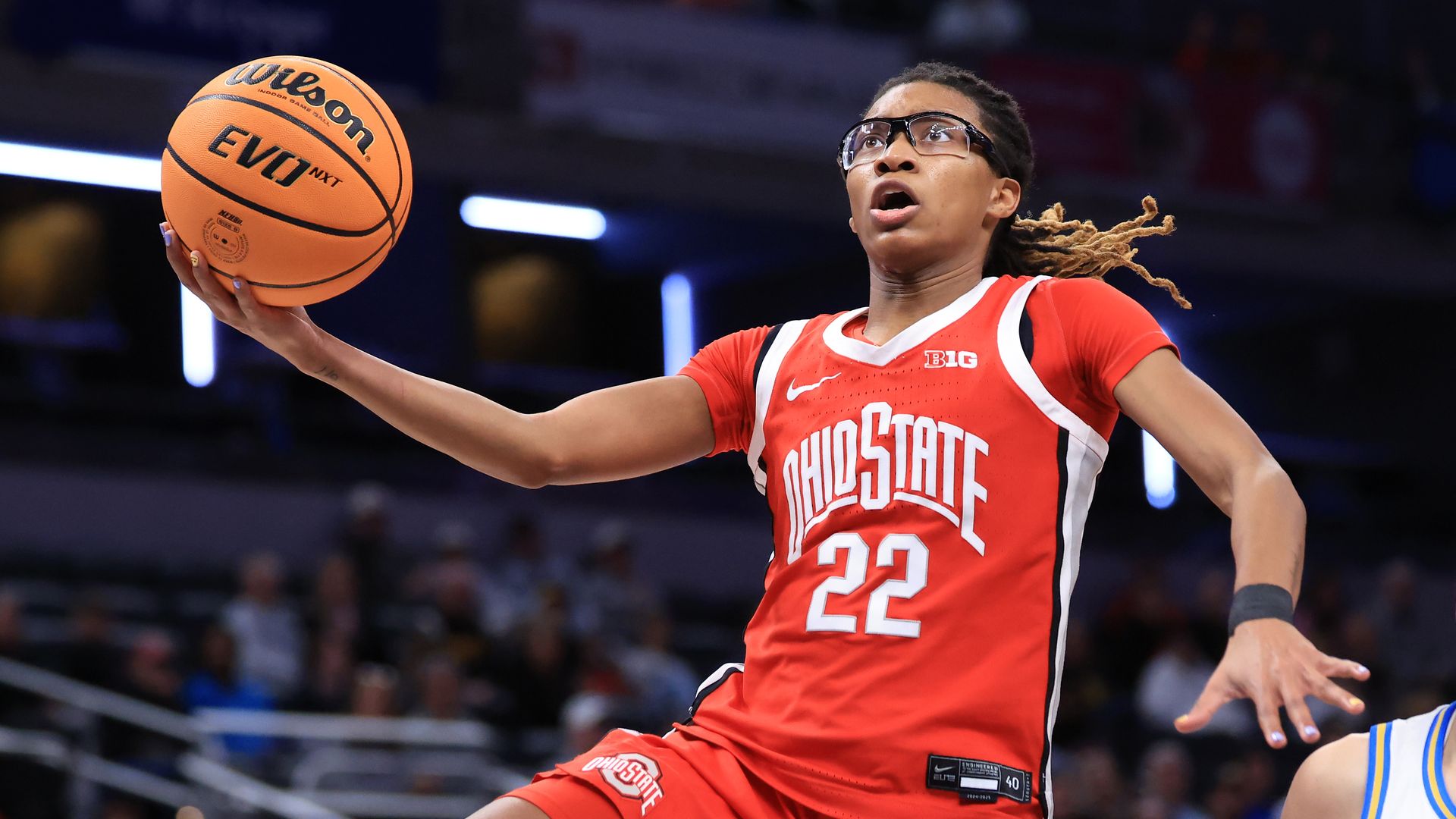 Ohio State women's basketball player Jaloni Cambridge attempts a layup