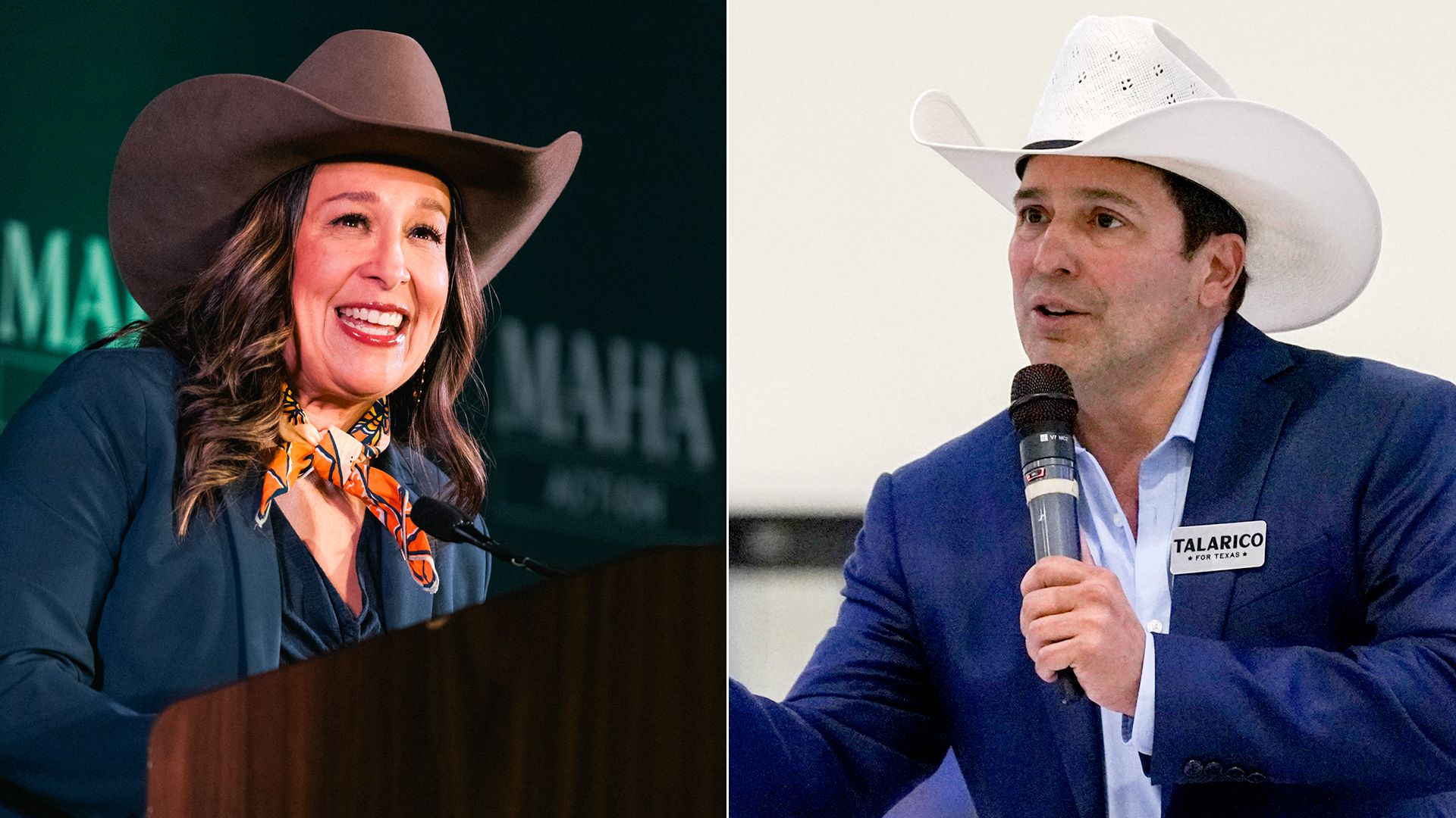 Republican U.S. Rep. Monica De La Cruz, left, and Democratic challenger Tejano star Bobby Pulido, right, both seen in February and both wearing cowboy hats. Pulido is wearing a pin that reads "Talarico for Texas."