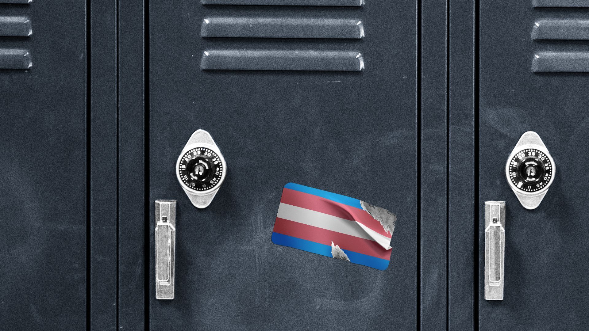 Illustration of a worn and torn trans flag sticker on a school locker.