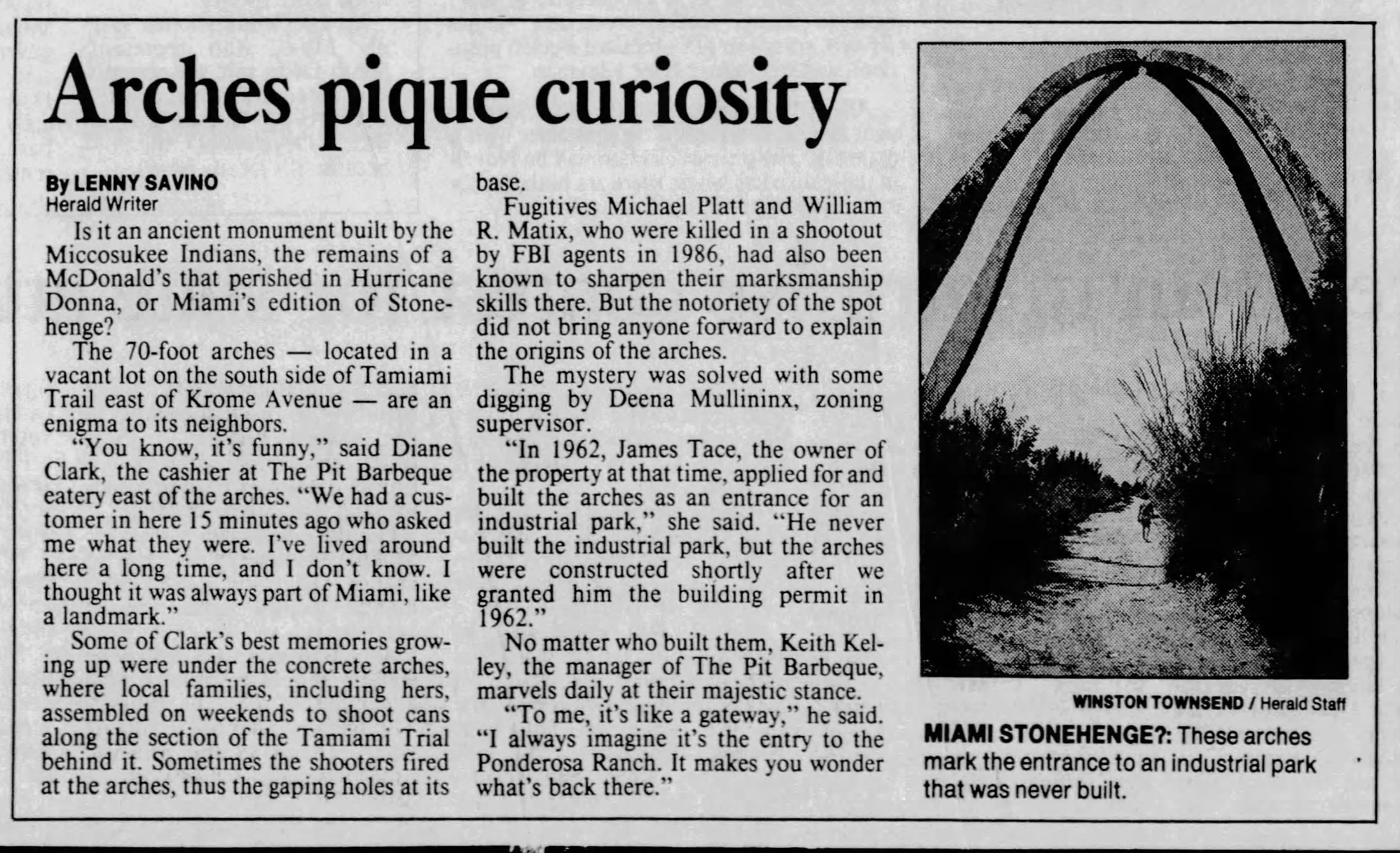 A 1994 Miami Herald article pictures the Tamiami Trail arches.