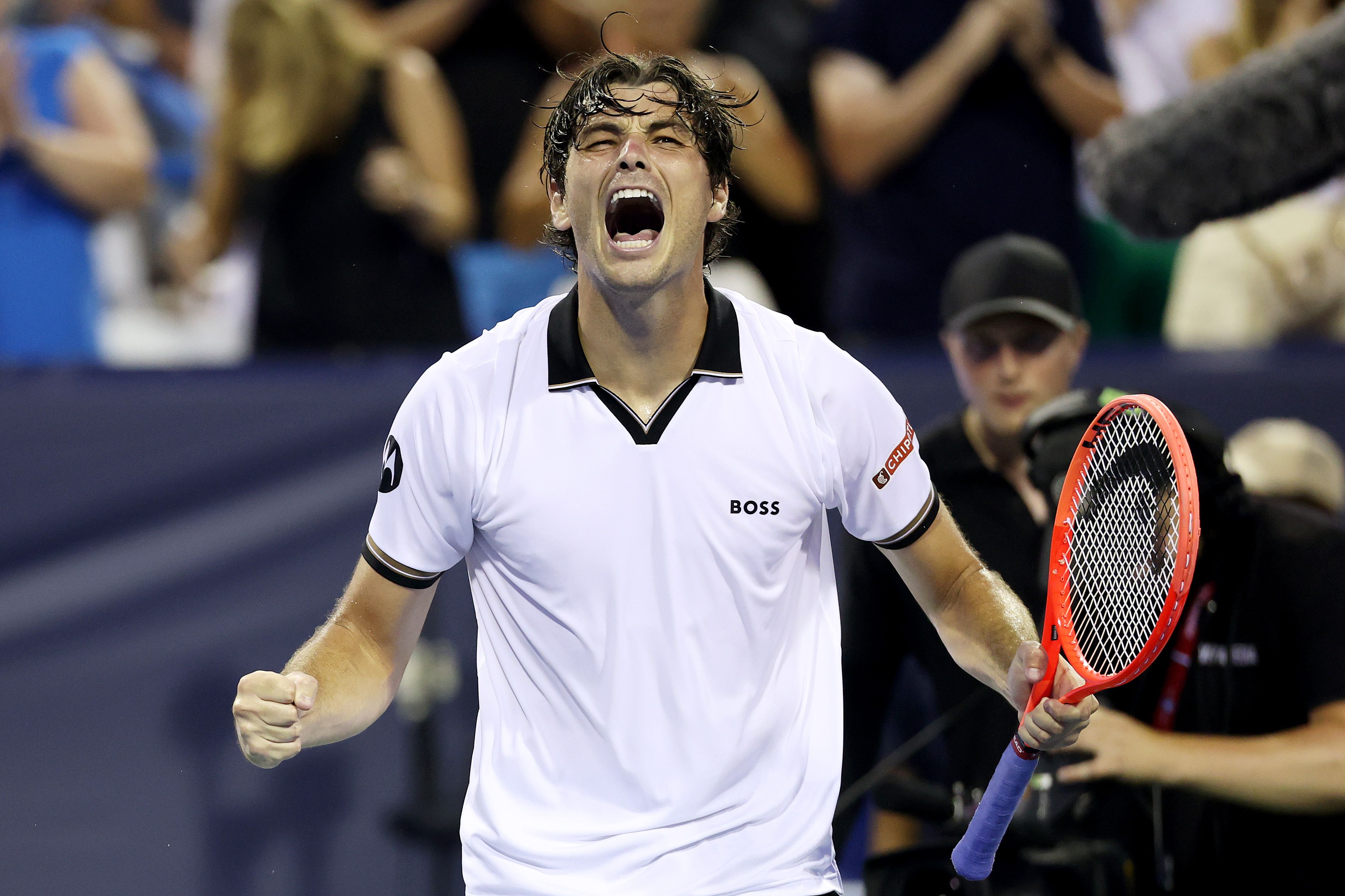 Taylor Fritz of the United States celebrates match point during a men's singles match against Brandon Nakashima of the United States on day six of the Mubadala DC Open 2026 at William H.G. FitzGerald Tennis Center on August 01, 2026 in Washington, DC. (Photo by Emilee Chinn/Getty Images)