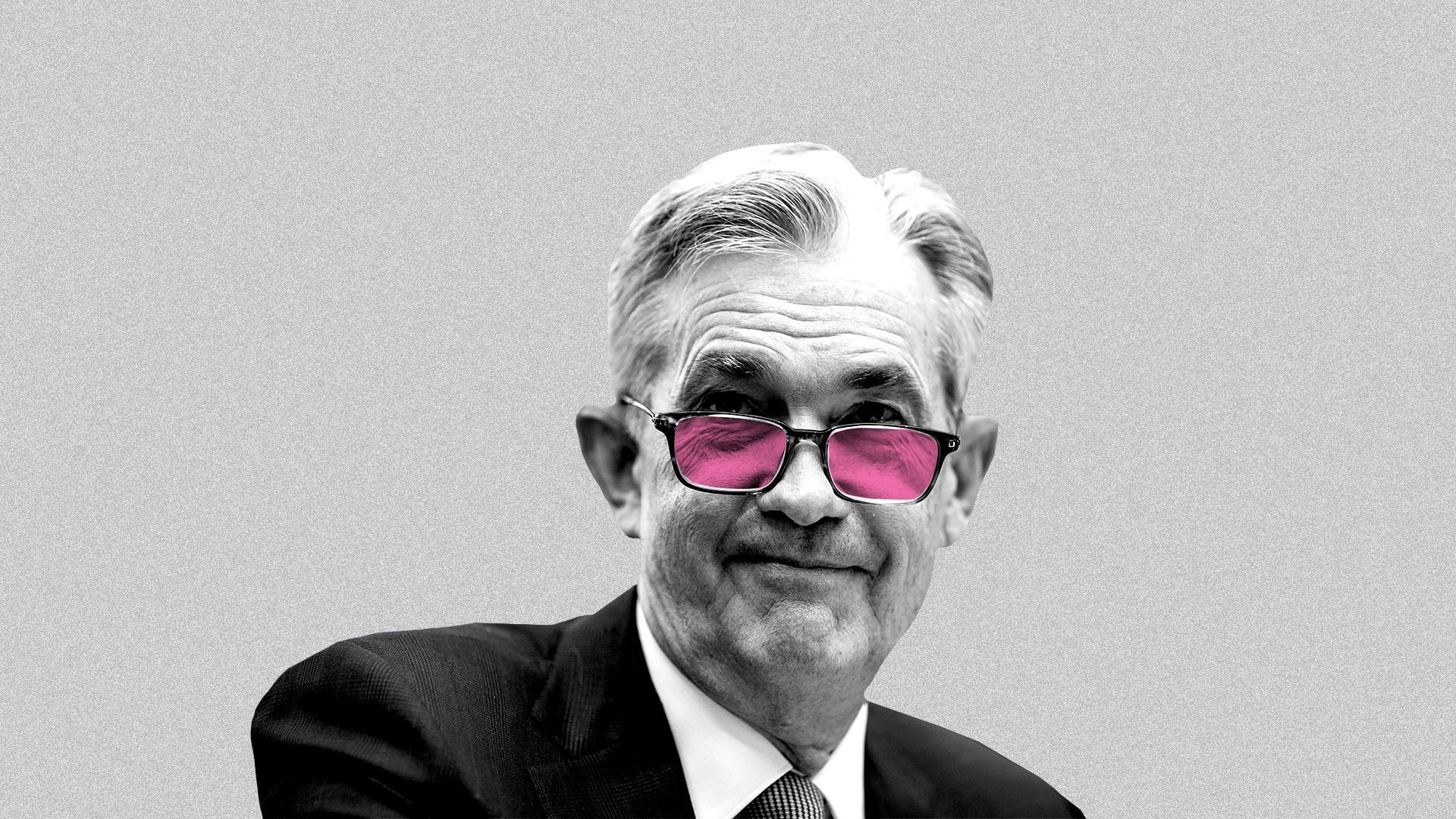 Photo illustration of Jerome Powell with rose-colored glasses on.