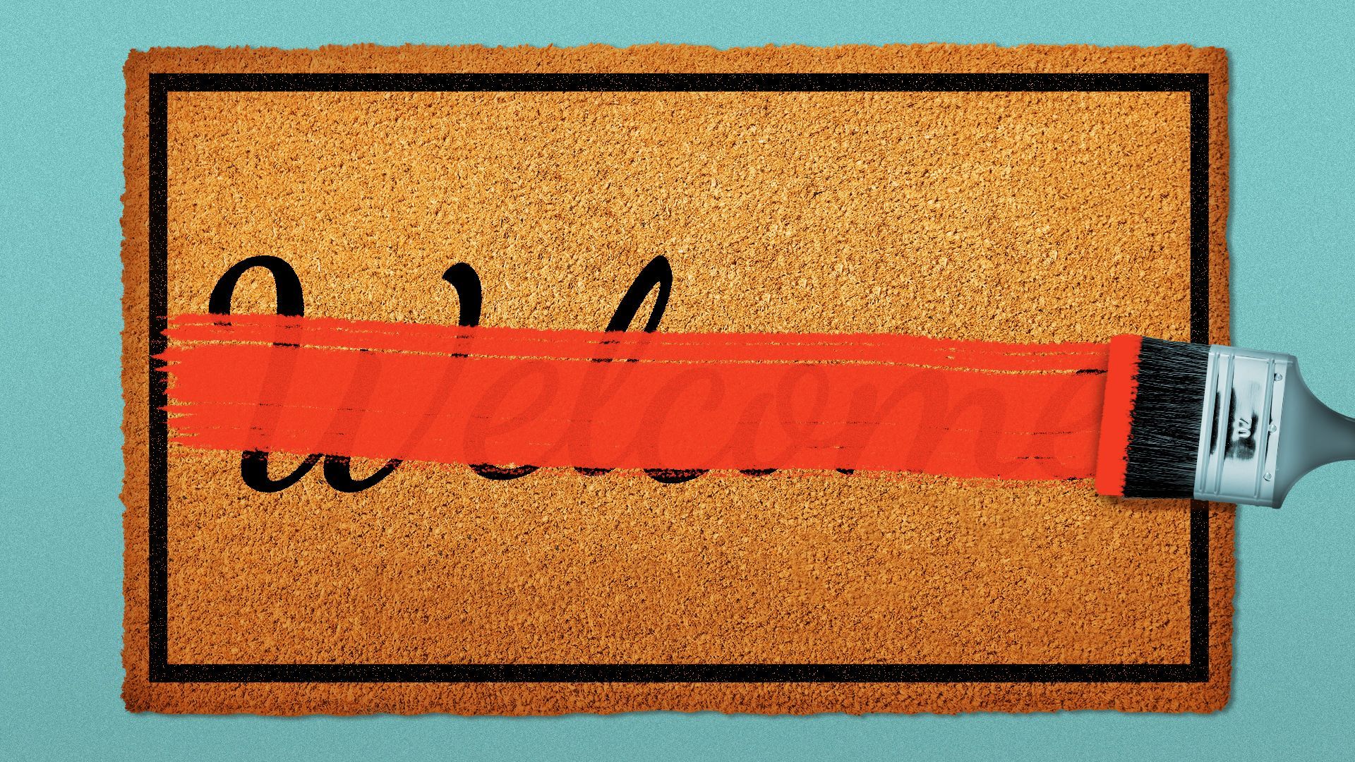Illustration of a paintbrush painting over the word "Welcome" on a door mat. 