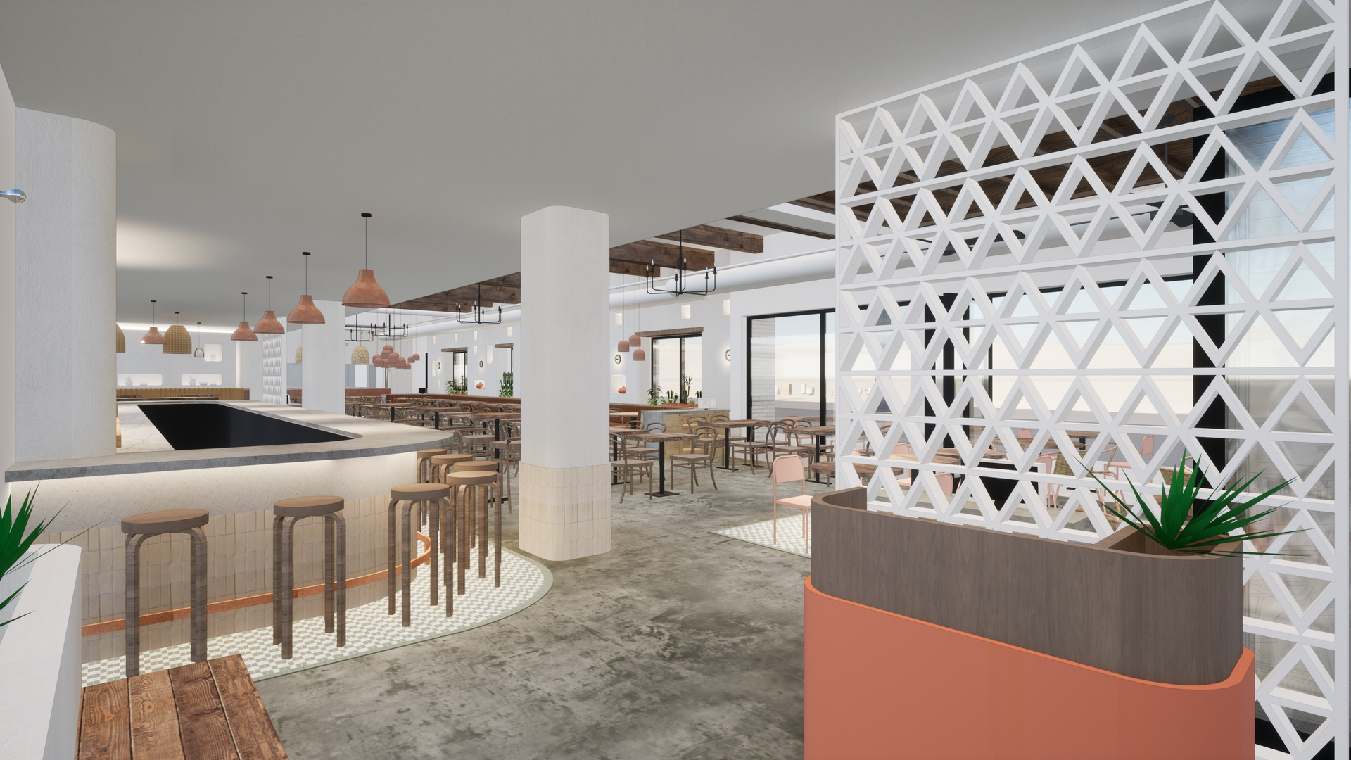 A rendering showing a bright white and terracotta interior at Ama, a new restaurant. Wooden barstools and a white trellis plus green plants can be seen.