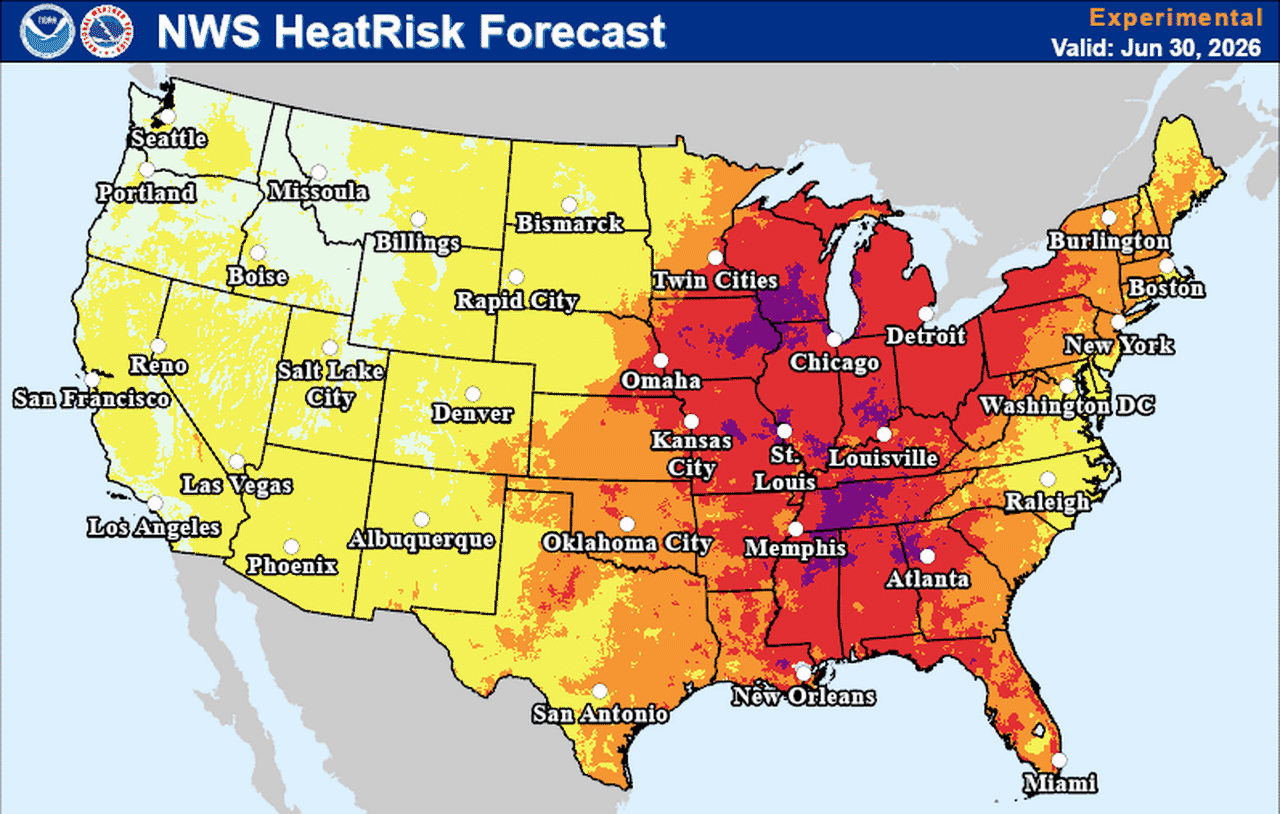 U.S. NWS HeatRisk Forecast map showing yellow to orange to red/purple shading for heat risk across the country, with major cities labeled (Chicago, Memphis, Atlanta, New York, Seattle).
