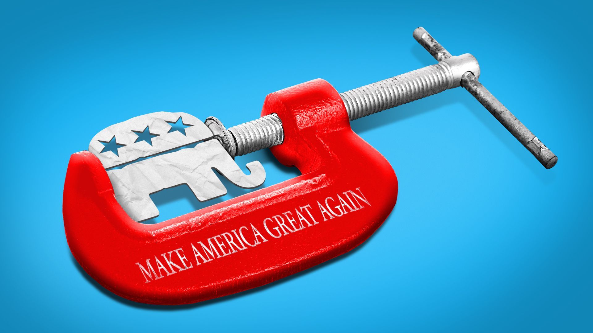 Illustration of a c-clamp vise with the words "Make America Great Again" on it squeezing the Republican elephant logo