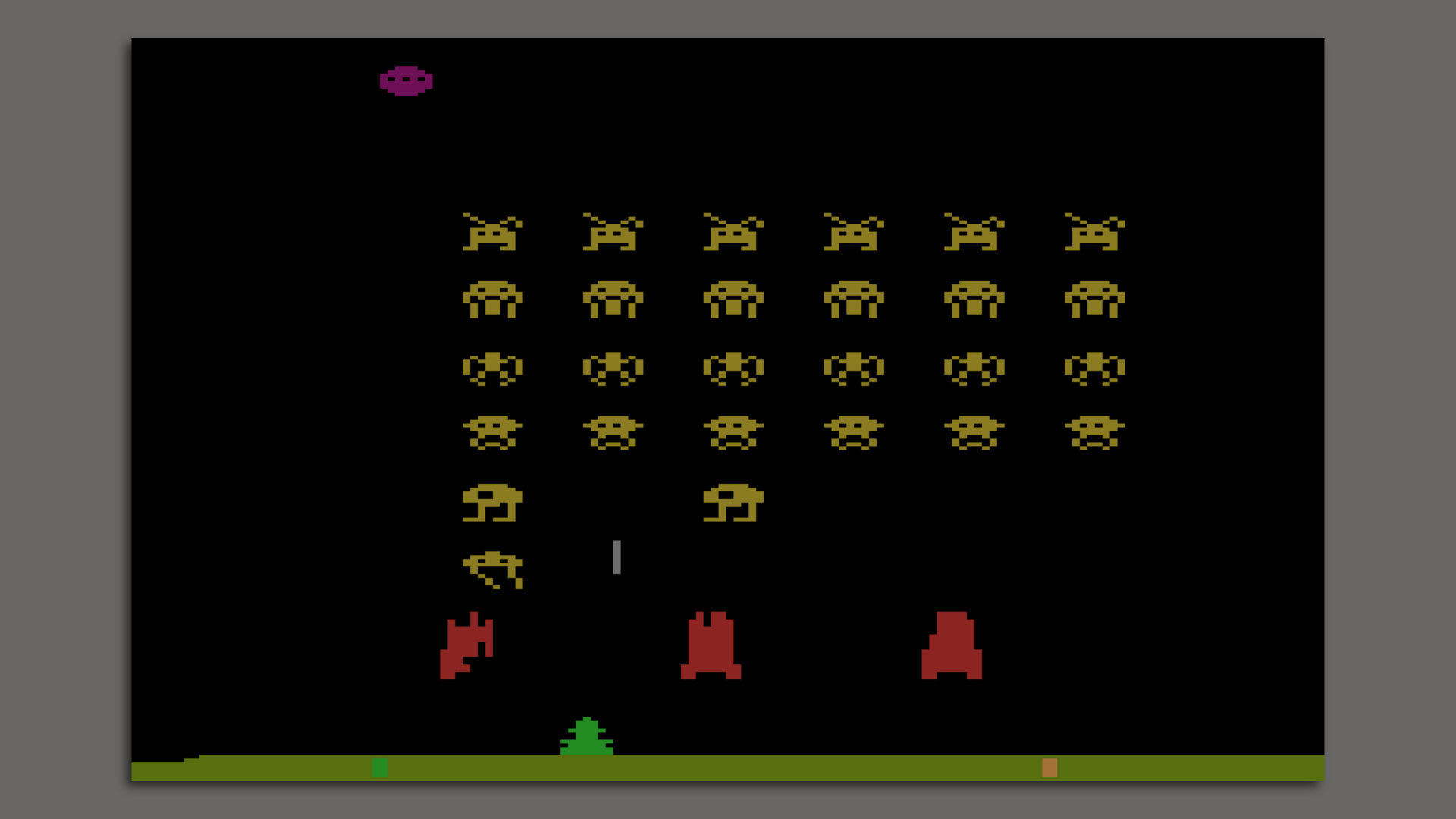 Video game screenshot of a blocky spaceship shooting upward at yellow aliens