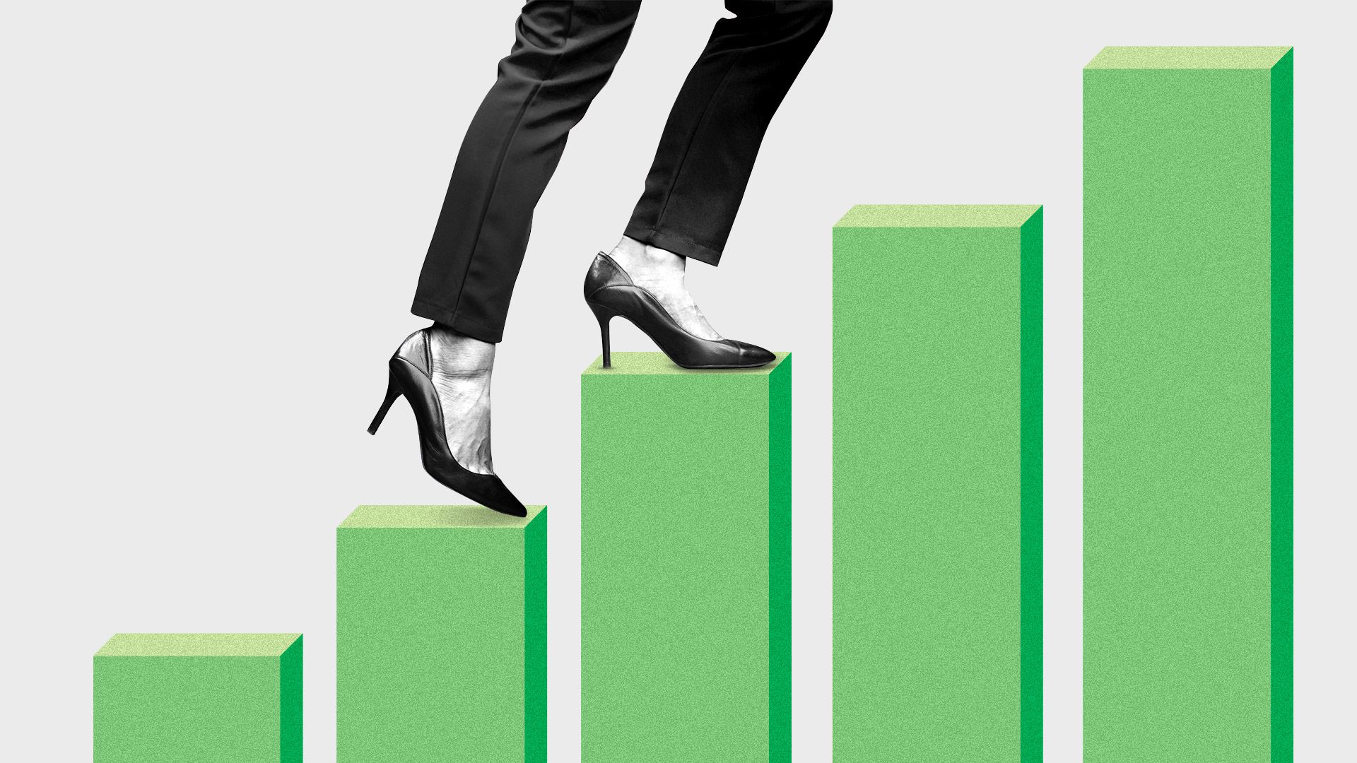 Illustration of a pair of heels walking up a market bar chart that resembles stairs.