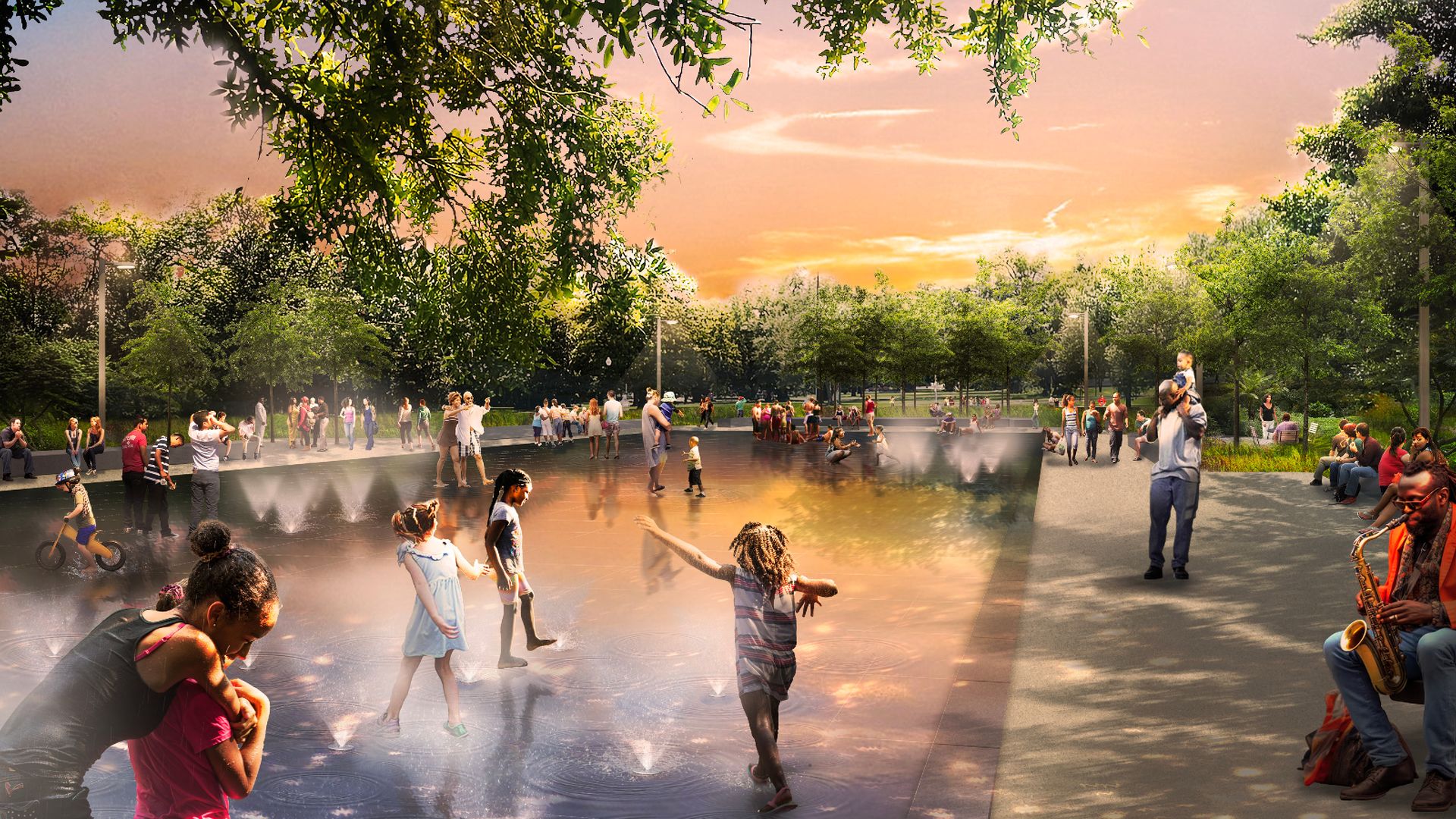 Children playing in a splash pad water feature at sunset in a lively park filled with families, greenery, and a musician playing saxophone on the right side.