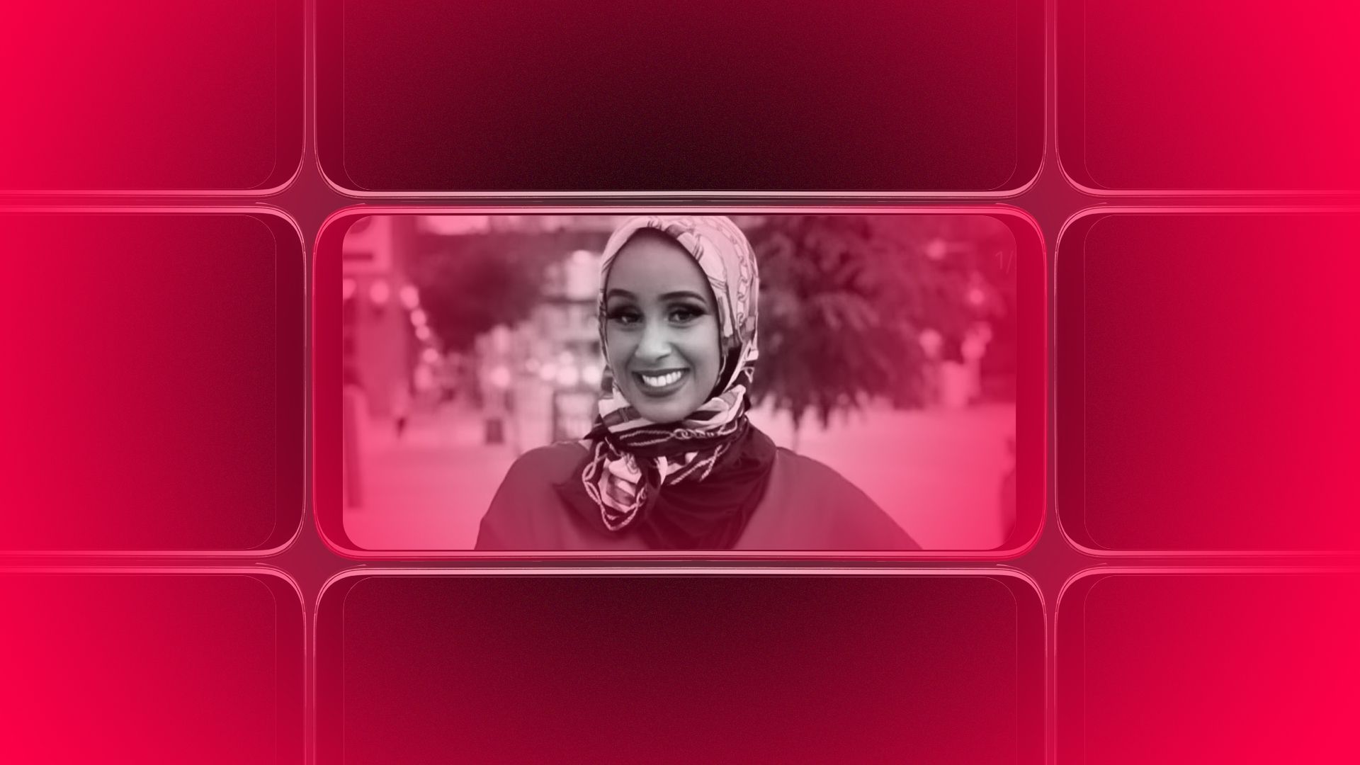 Photo illustration of a grid of smartphone screens, the center one showing Mariam Mohamed.