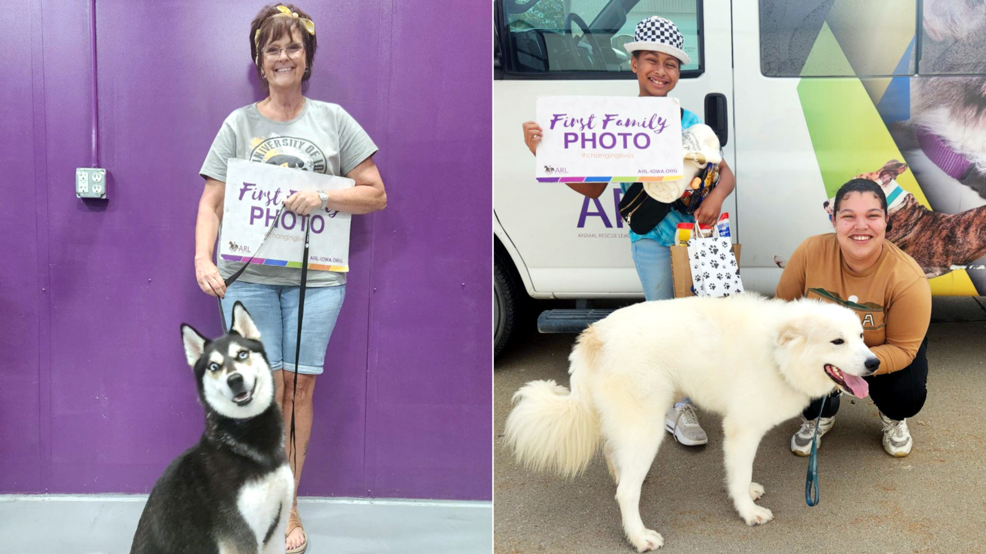 A woman who just adopted a husky and a mom and son who adopted a white fluffy dog