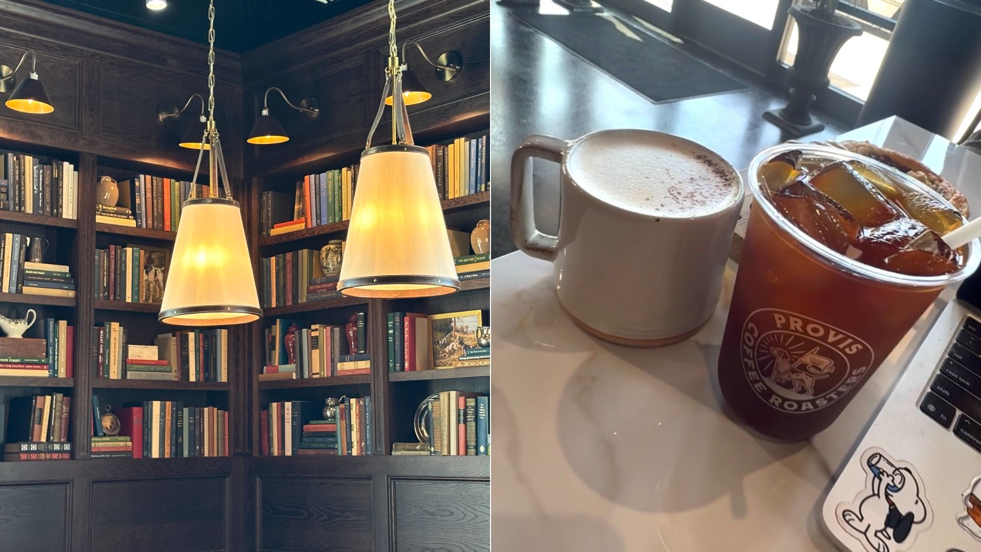 Two-panel scene: left a dark-wood library with shelved books and warm pendant lamps; right a white mug with frothy coffee and a plastic cup of iced coffee on a marble counter beside a laptop.