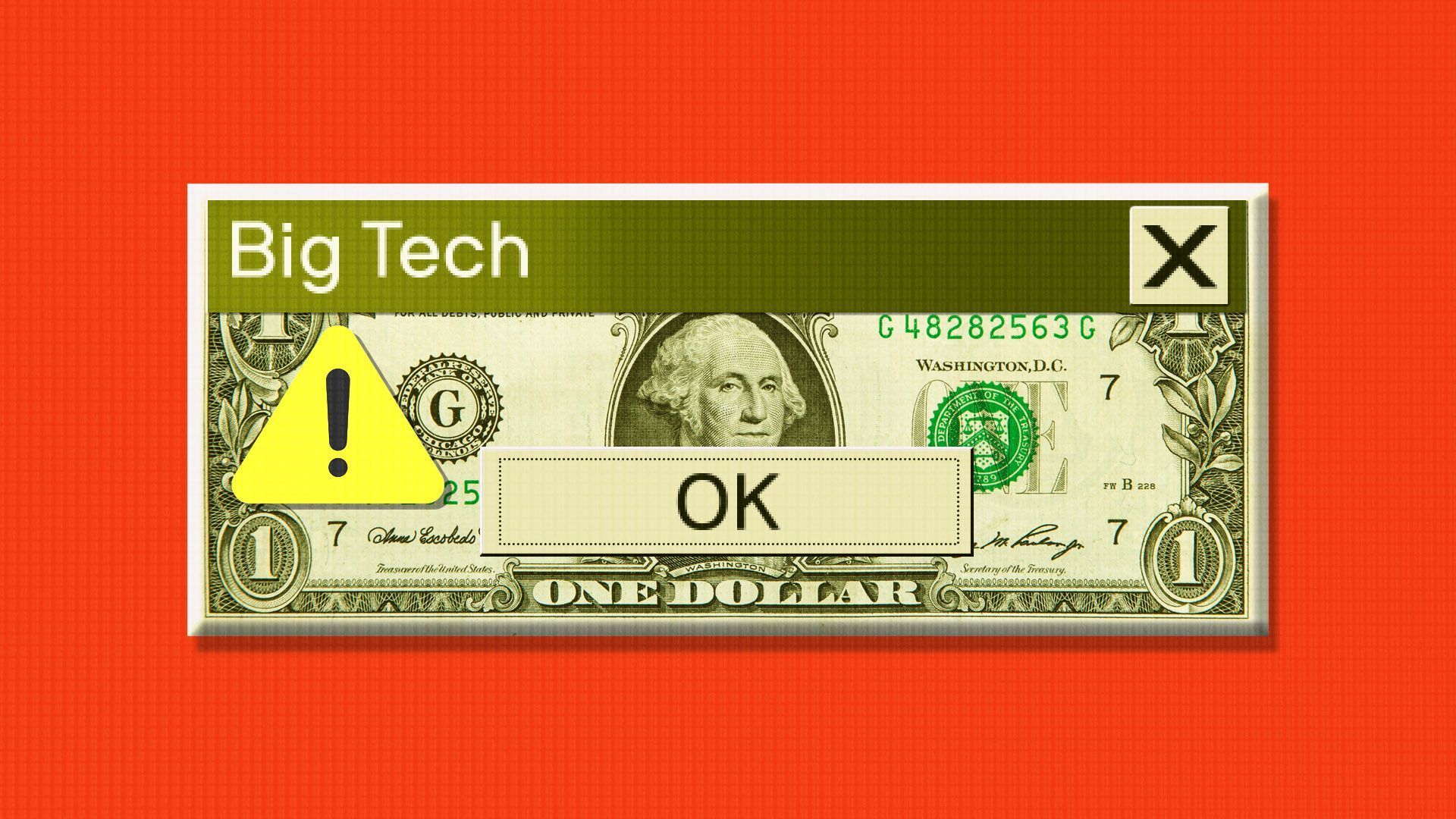 An illustration of a dollar bill as a computer window with Big Tech as the title and a caution icon, OK dialog and an X to close the window