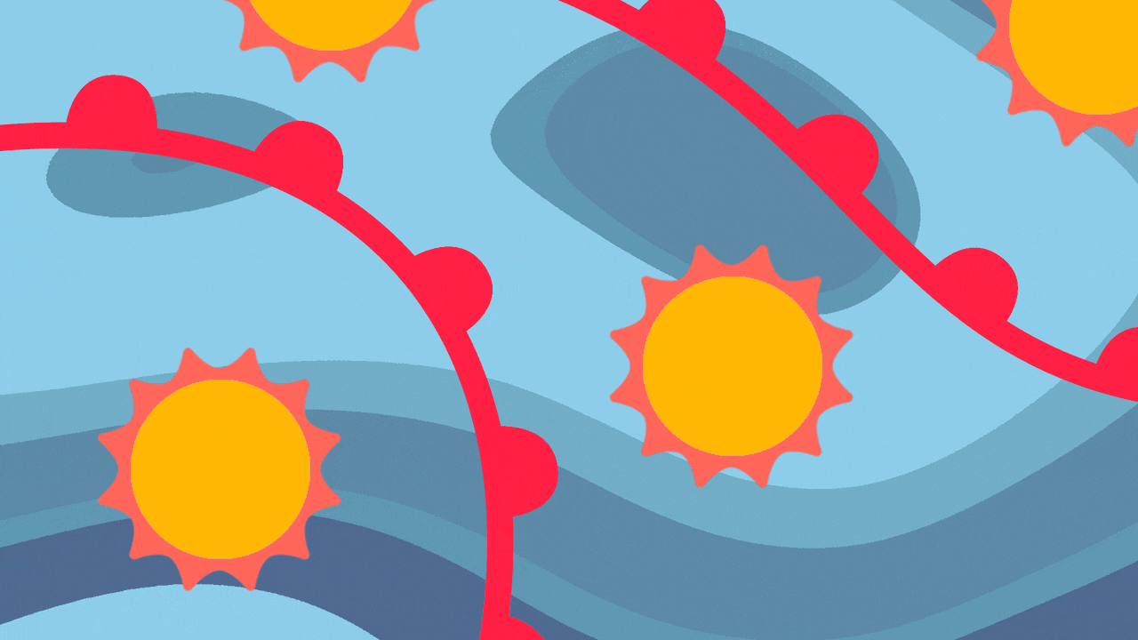 Animated illustration of a weather map with suns, warm front symbols and changing background colors.