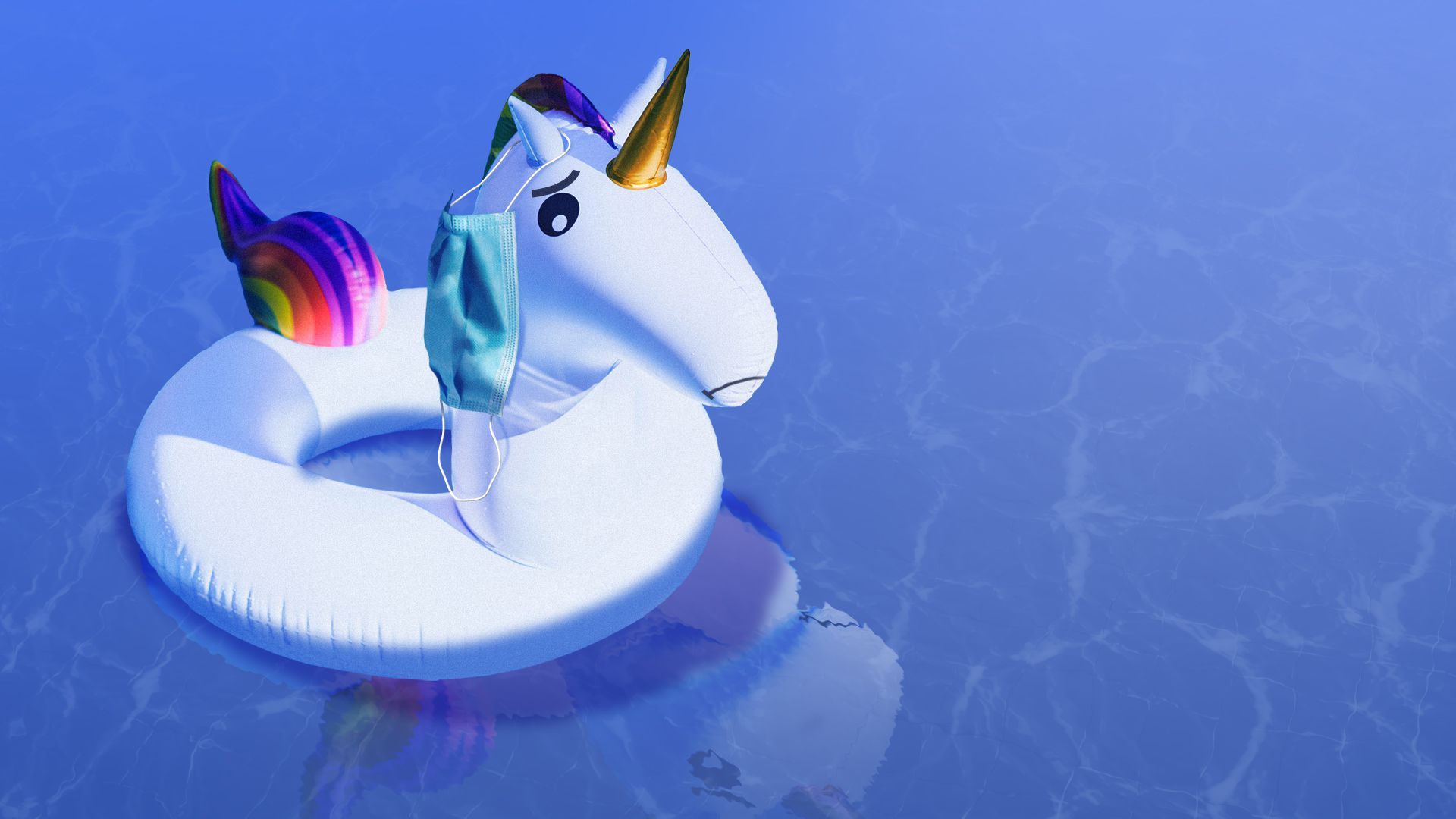 Illustration of a sad-looking inflatable unicorn pool tool with a mask