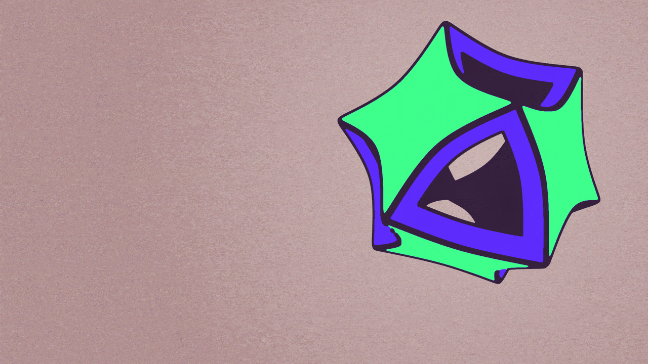 Animated illustration of a shape made out of six sparkle shapes, arranged in a cube, spinning.