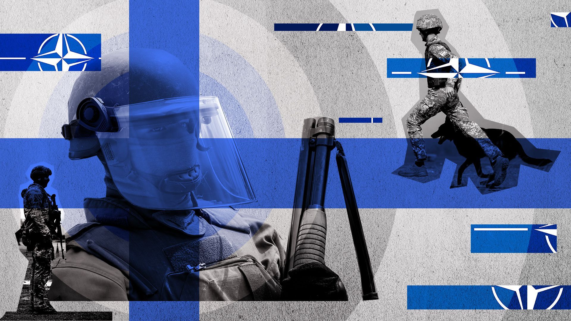 Photo illustration of Finland's flag and NATO soldiers.