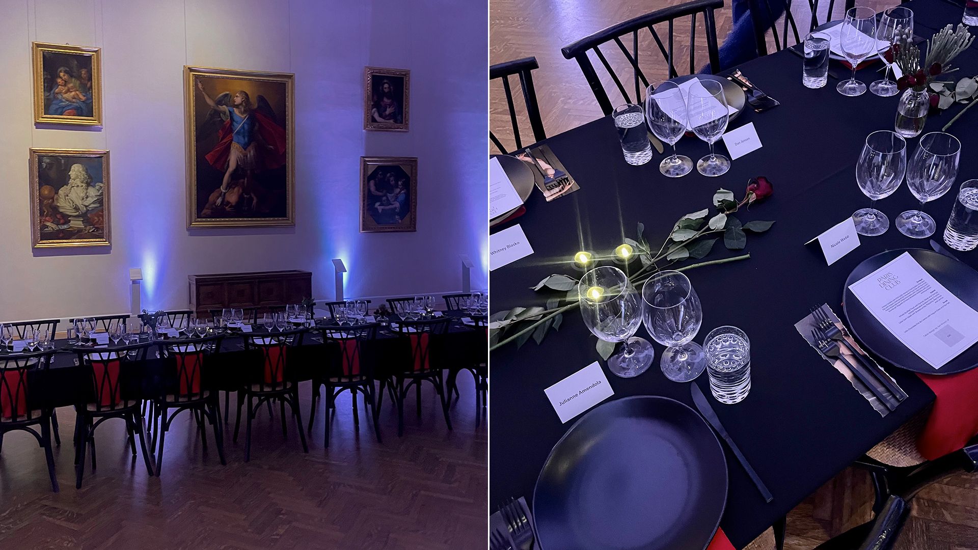 A photo of a long table with a black tablecloth and red napkins, set up in an art museum with prominent oil paints decorating the walls.