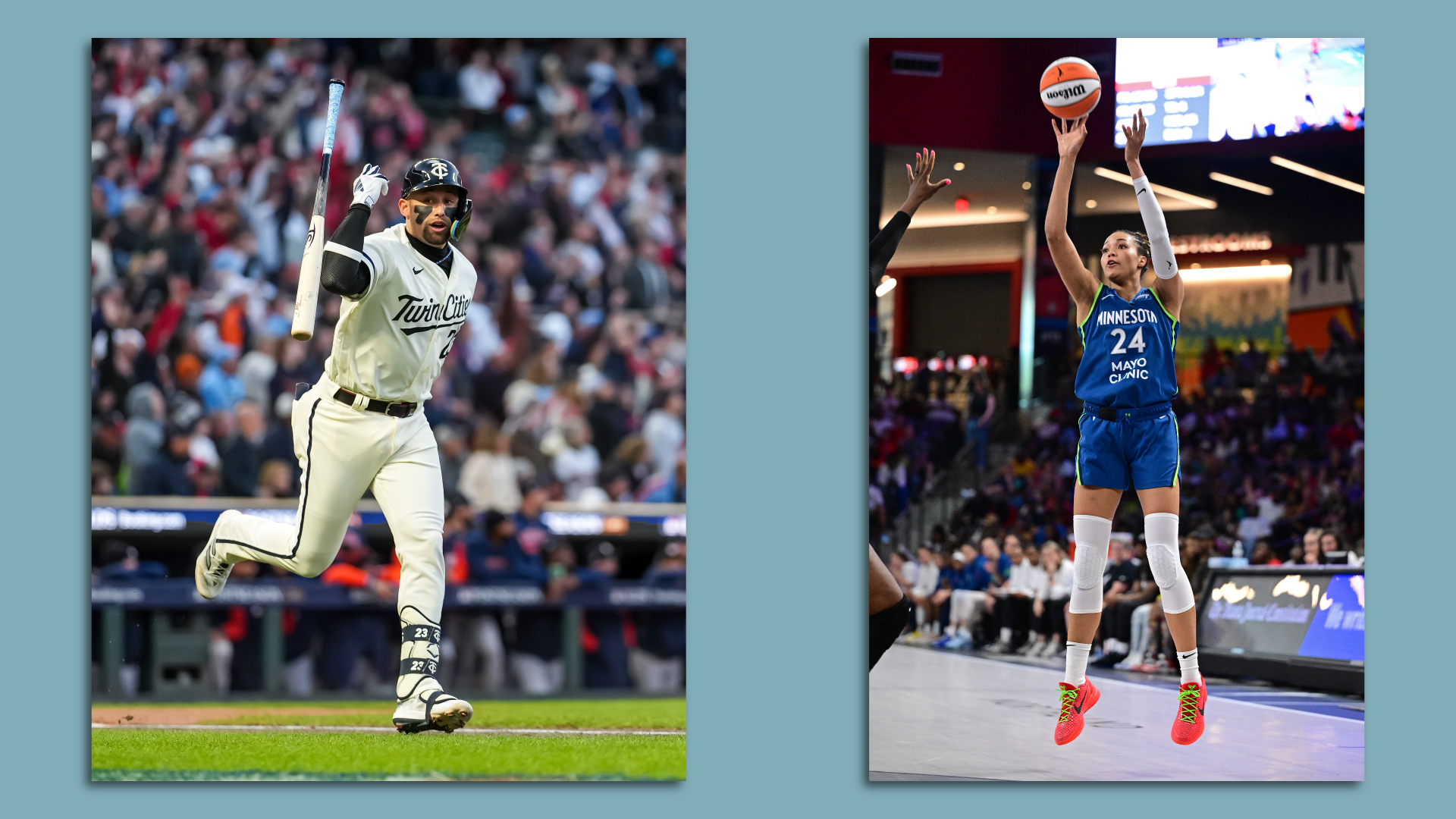 Royce Lewis flips a bat on the left; Napheesha Collier shoots a basketball on the right 