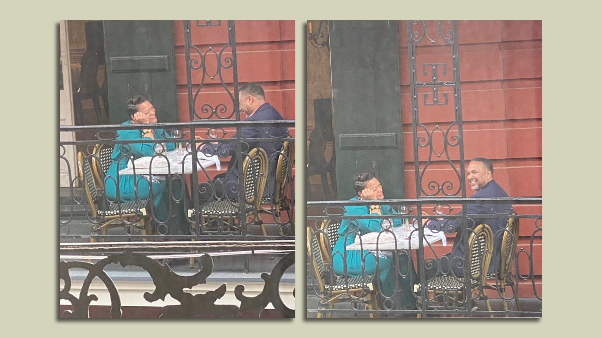 Photo shows Mayor LaToya Cantrell on a balcony eating a meal with NOPD officer Jeffrey Vappie.