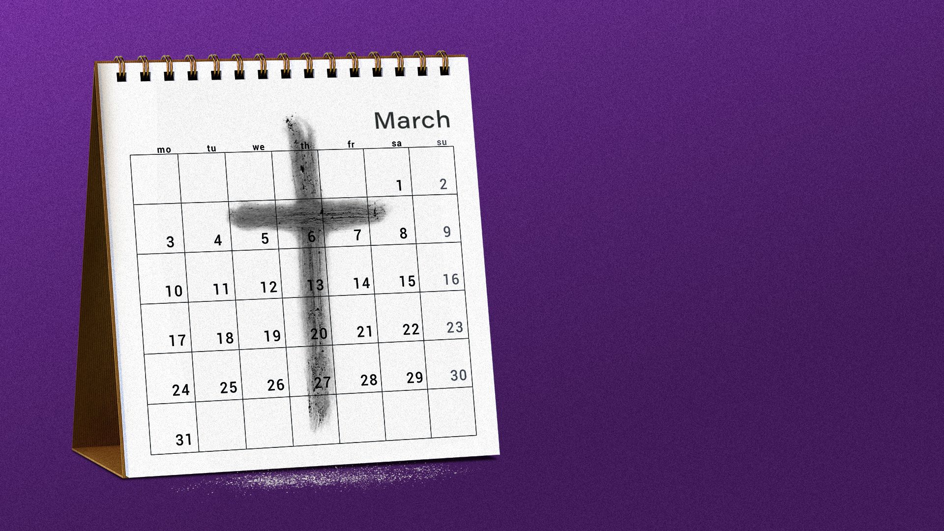 Illustration of an ashen cross smudged on a calendar of March.