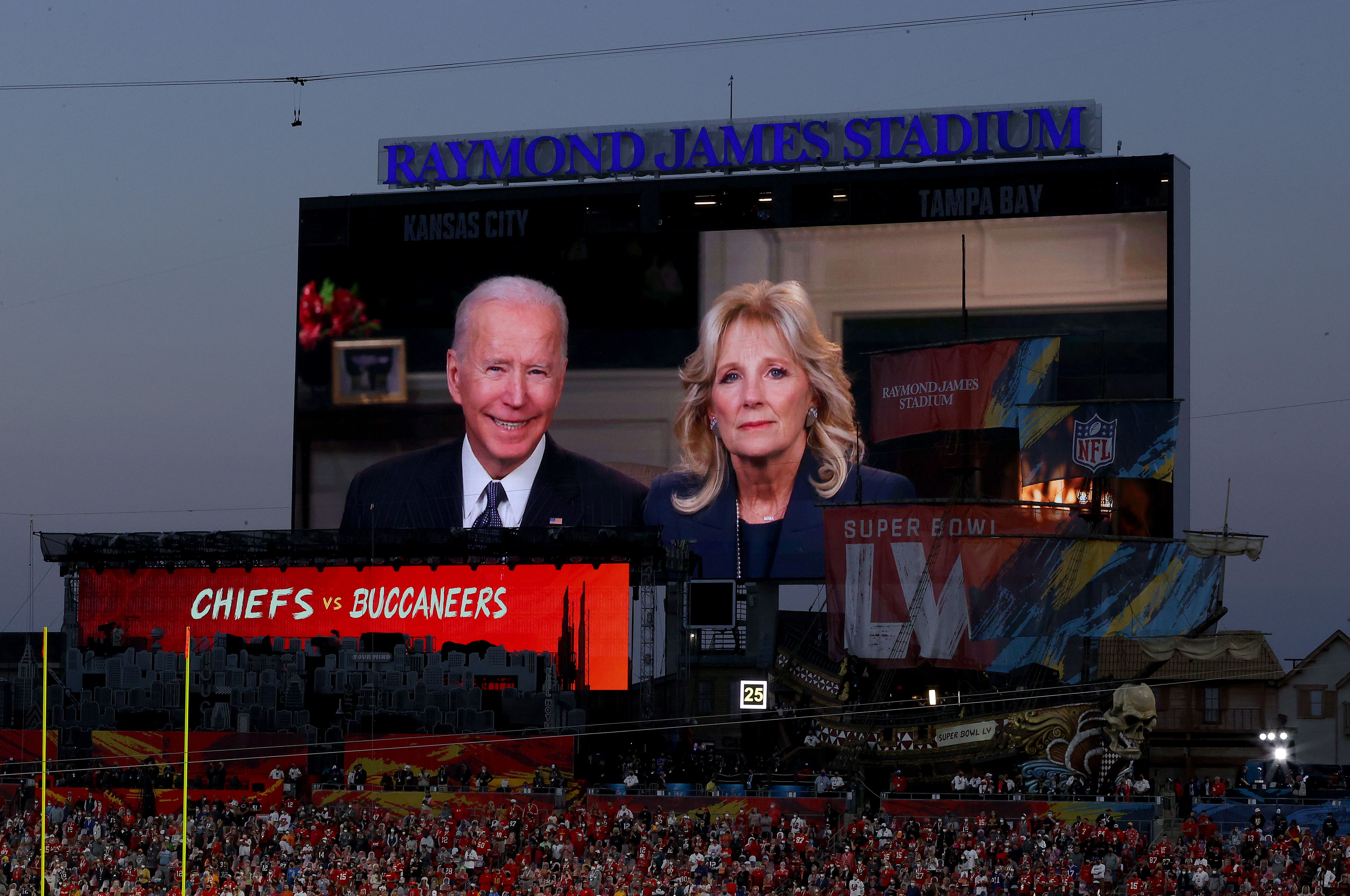 U.S. president Joe Biden and First Lady Dr. Jill Biden deliver an address in Super Bowl LV at Raymond James Stadium on February 07, 2021 in Tampa, Florida.