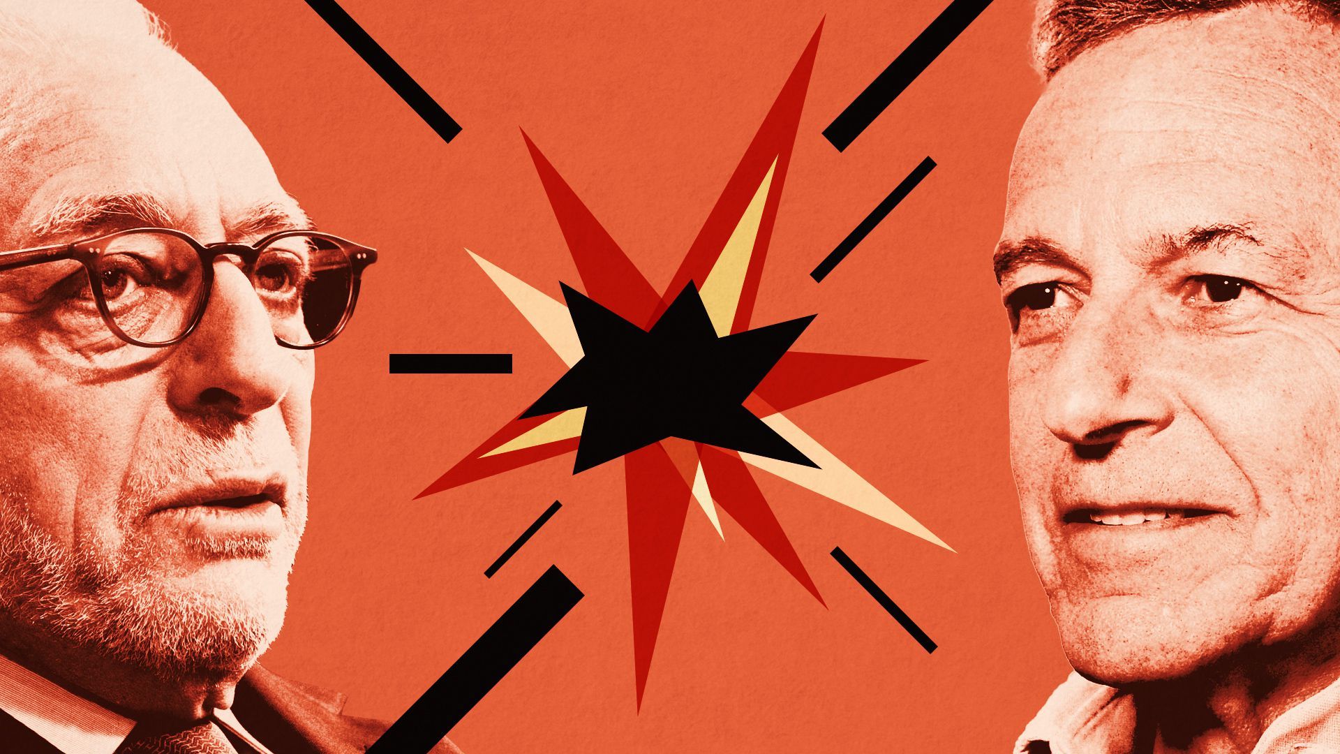 Photo illustration of Nelson Peltz and Bob Iger with an explosion made of abstract shapes between them.