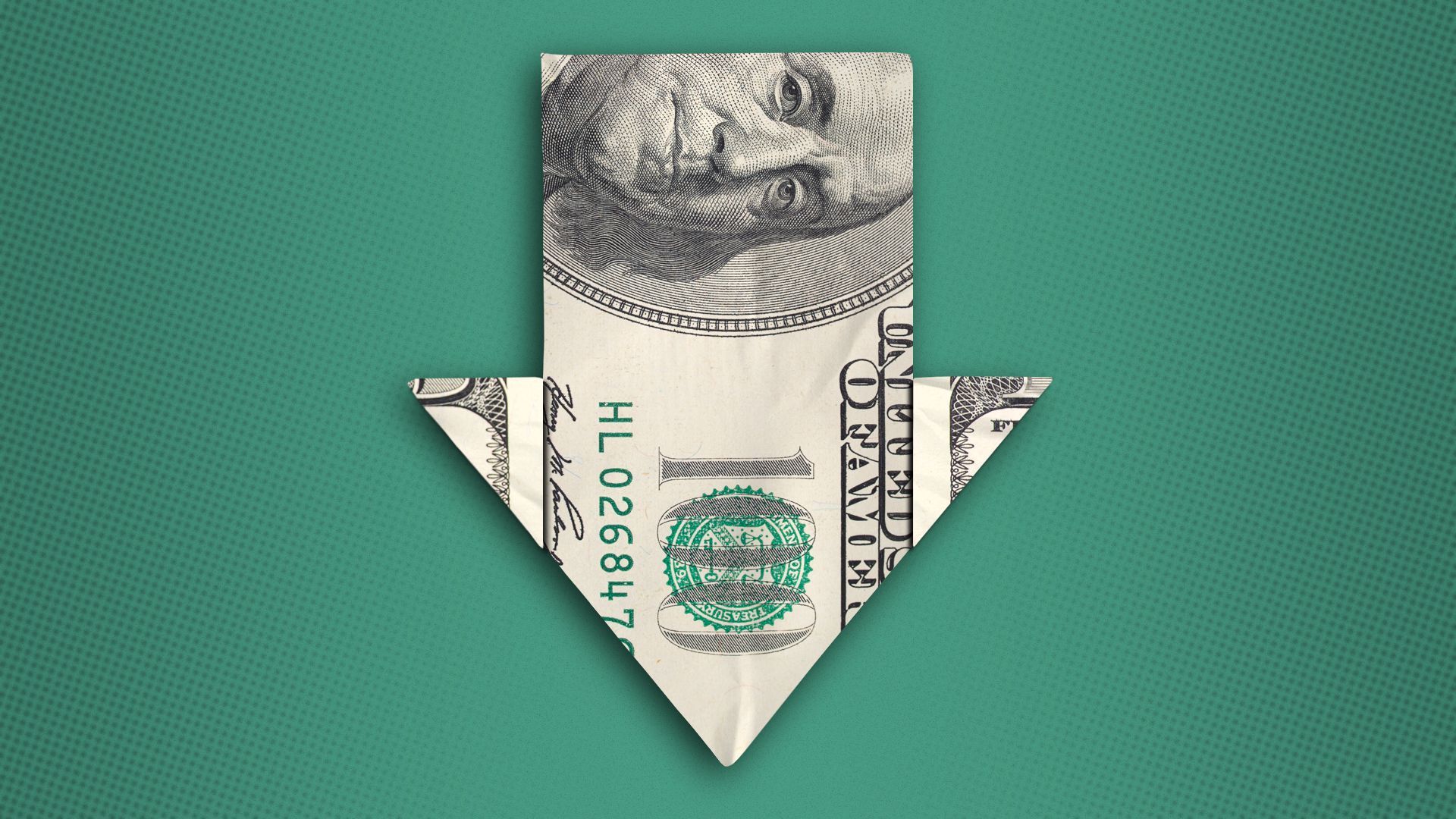 One hundred dollar bill folded into an arrow pointed downward.
