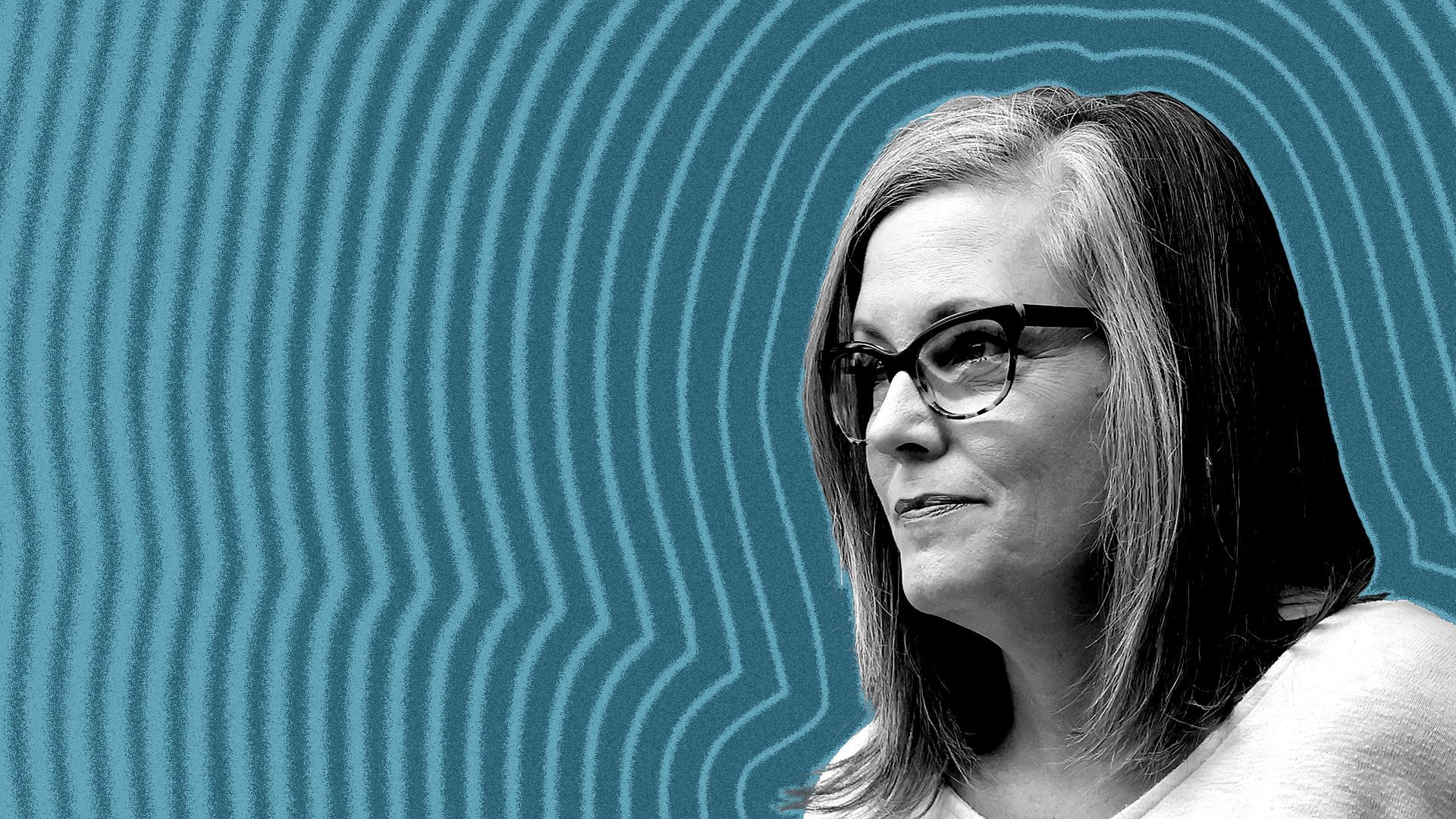 Photo illustration of Katie Hobbs with lines radiating from her.