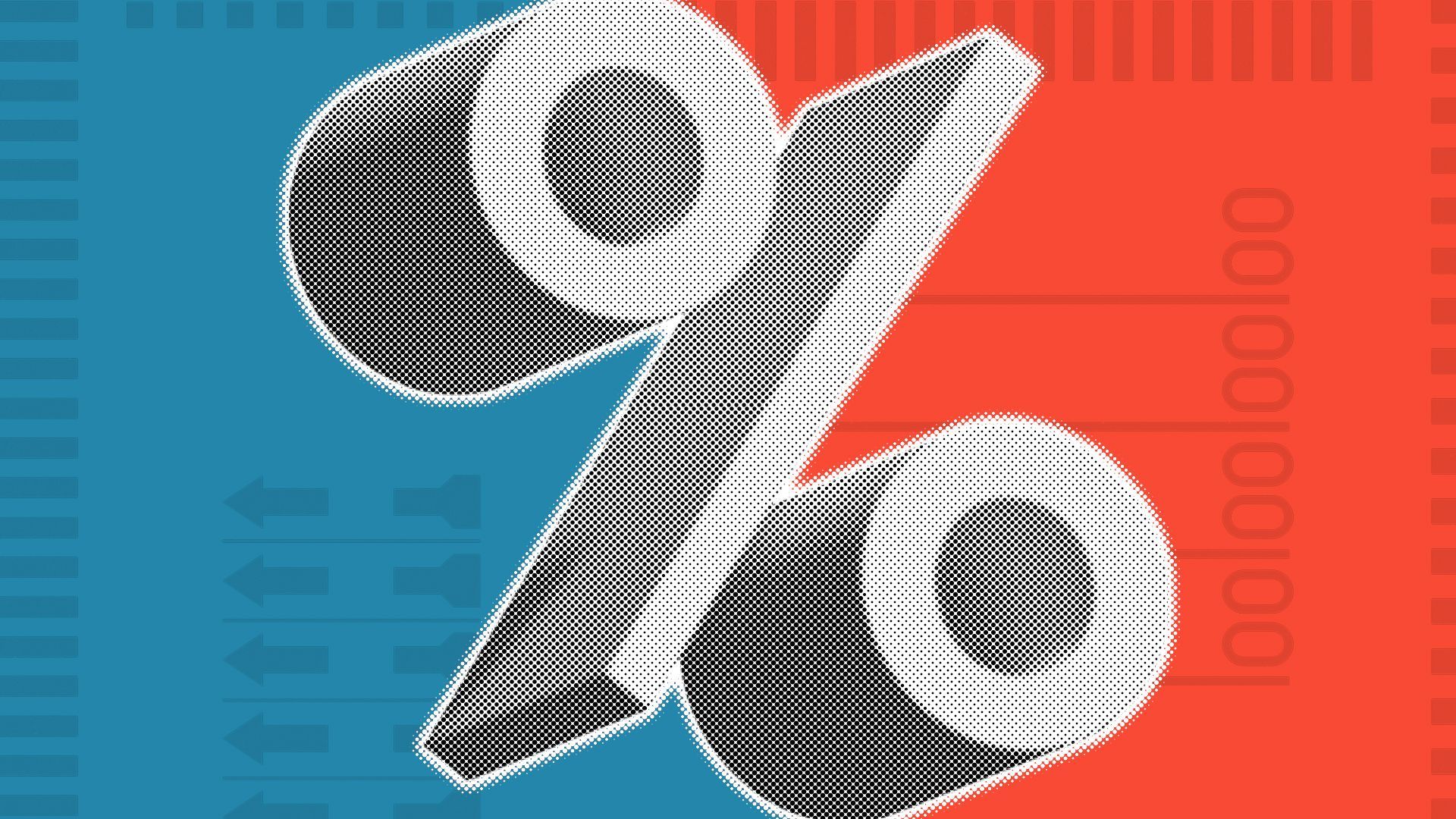 Illustration of a giant percent sign over a divided red and blue background with elements of ballots.