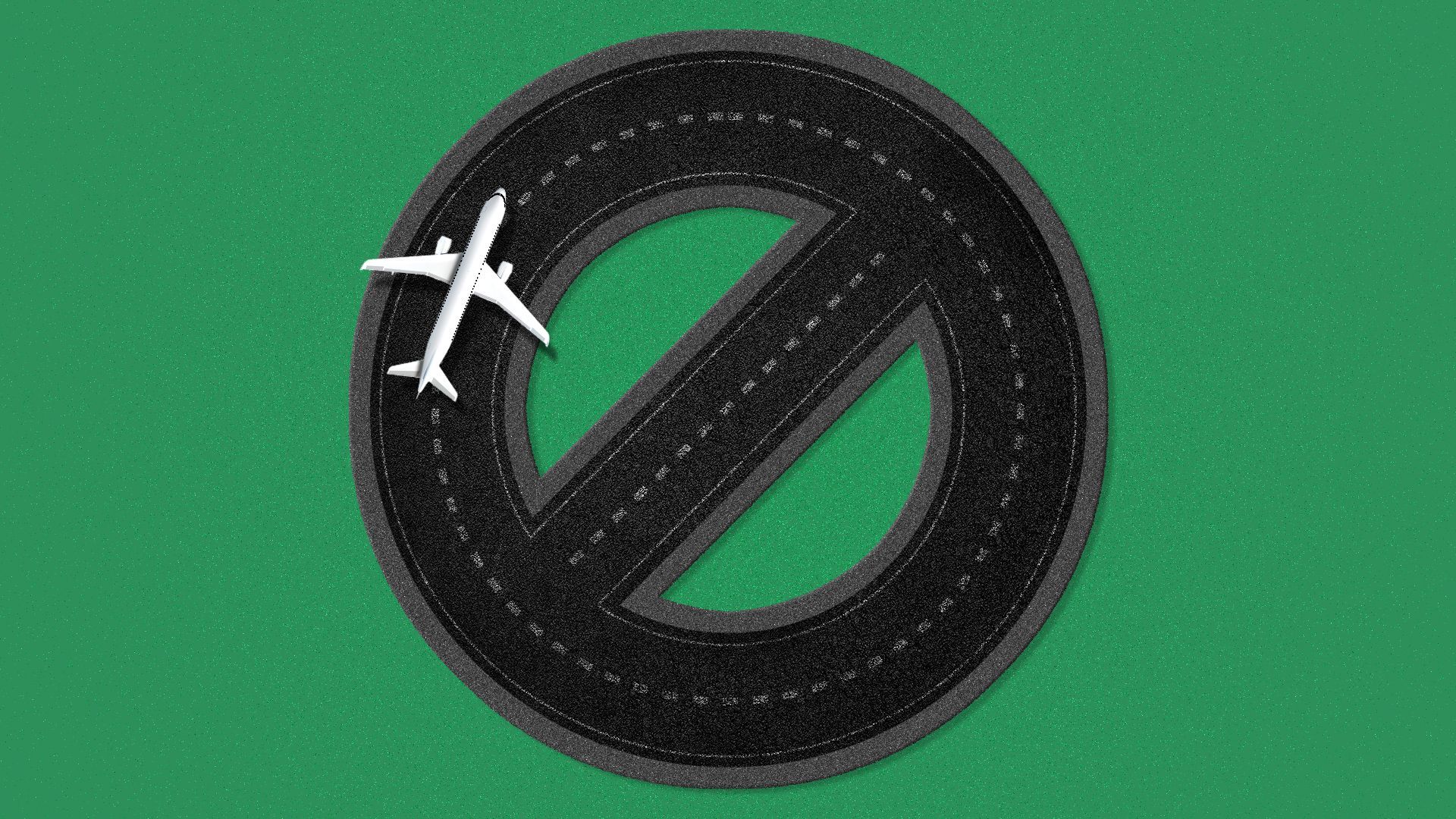 Illustration of an airplane on a runway shaped like a "no" symbol.
