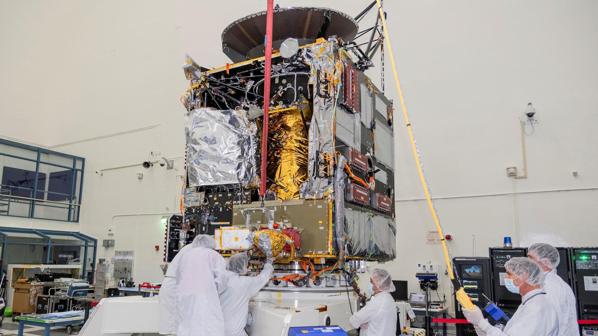 The Psyche spacecraft in a clean room on Earth.